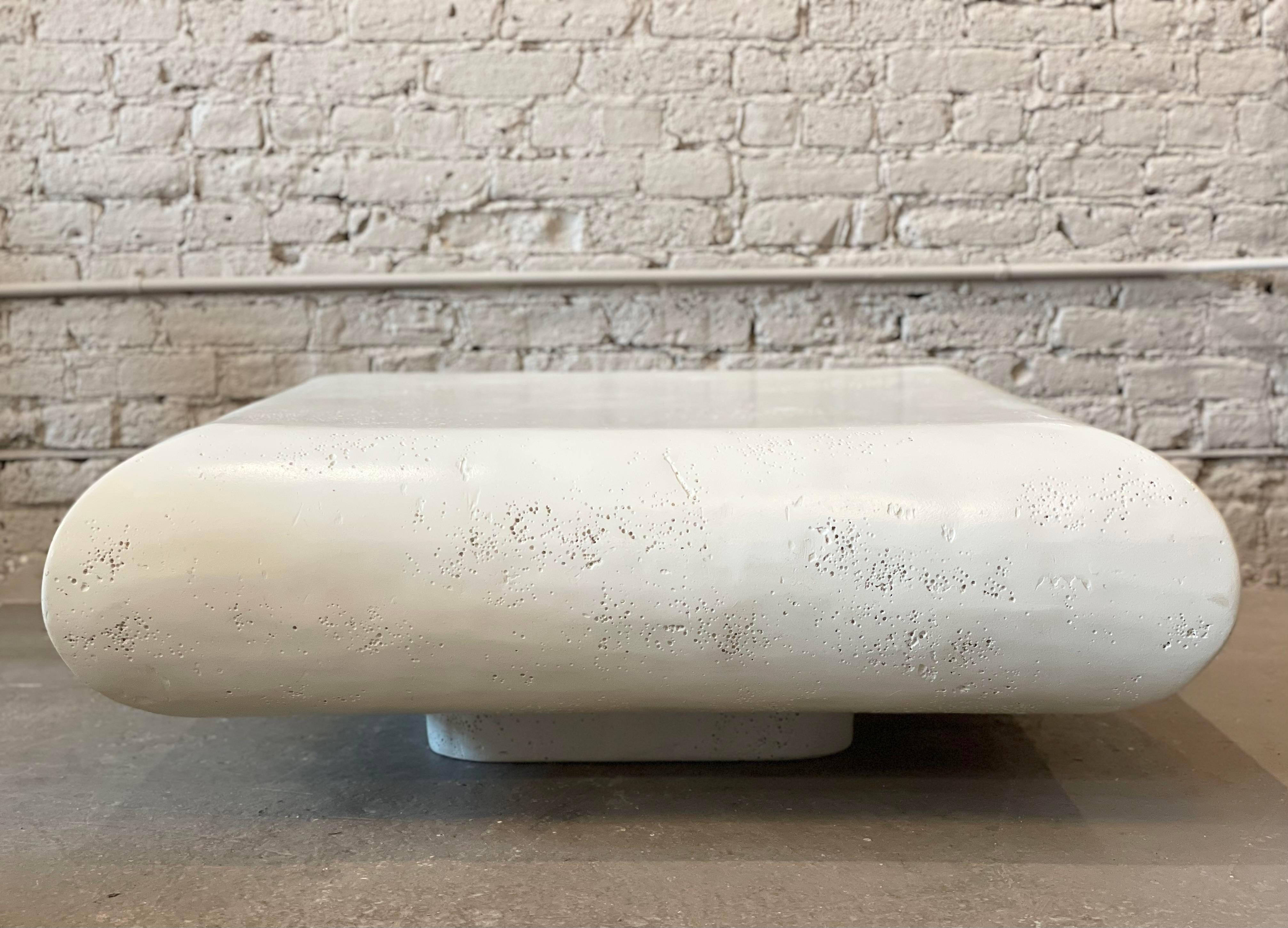 1980s Postmodern Square Plaster Coffee Table on Plinth Base In Good Condition In Chicago, IL