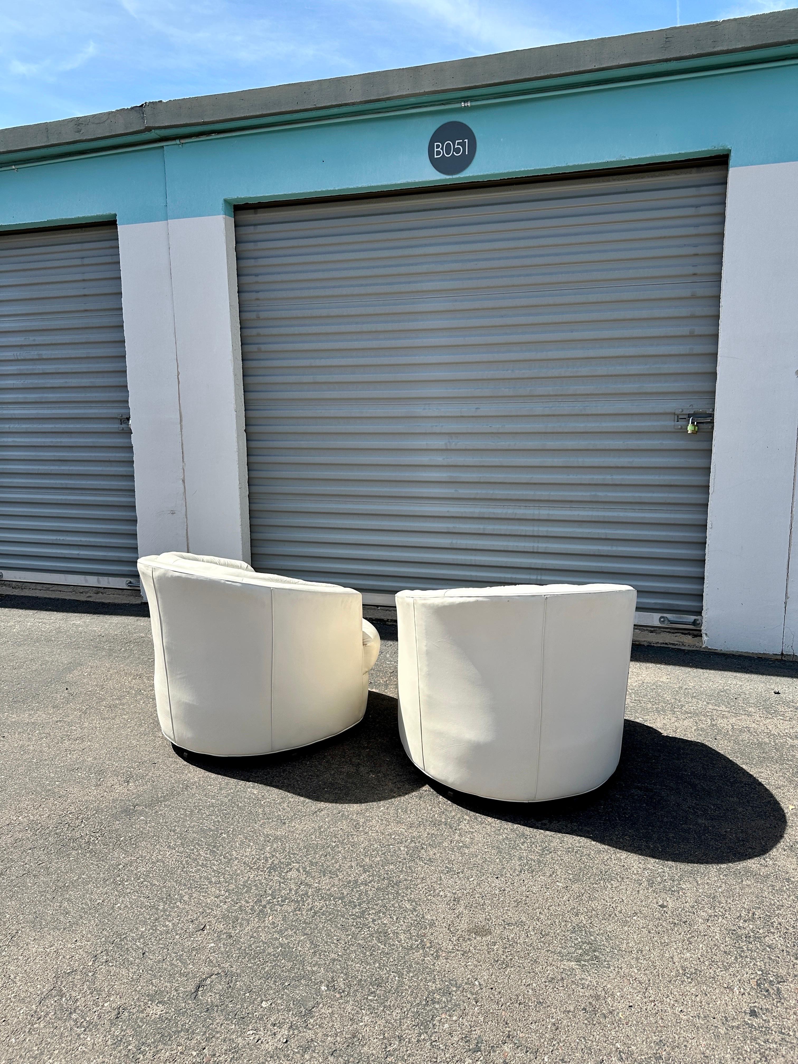 Post-Modern 1980s Postmodern Swivel Lounge Chairs White Leather Attributed to Milo Baughman