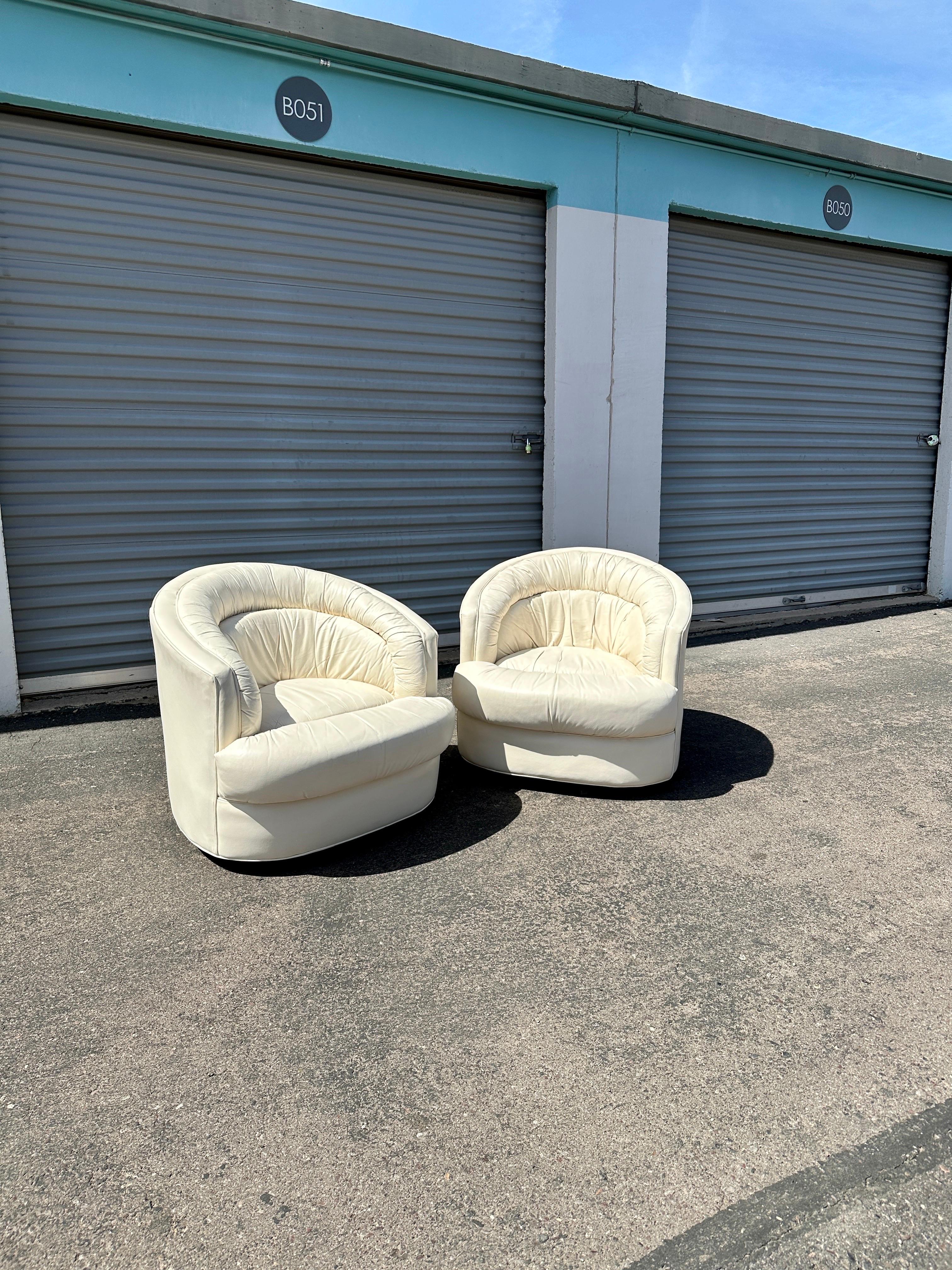 1980s Postmodern Swivel Lounge Chairs White Leather Attributed to Milo Baughman 1