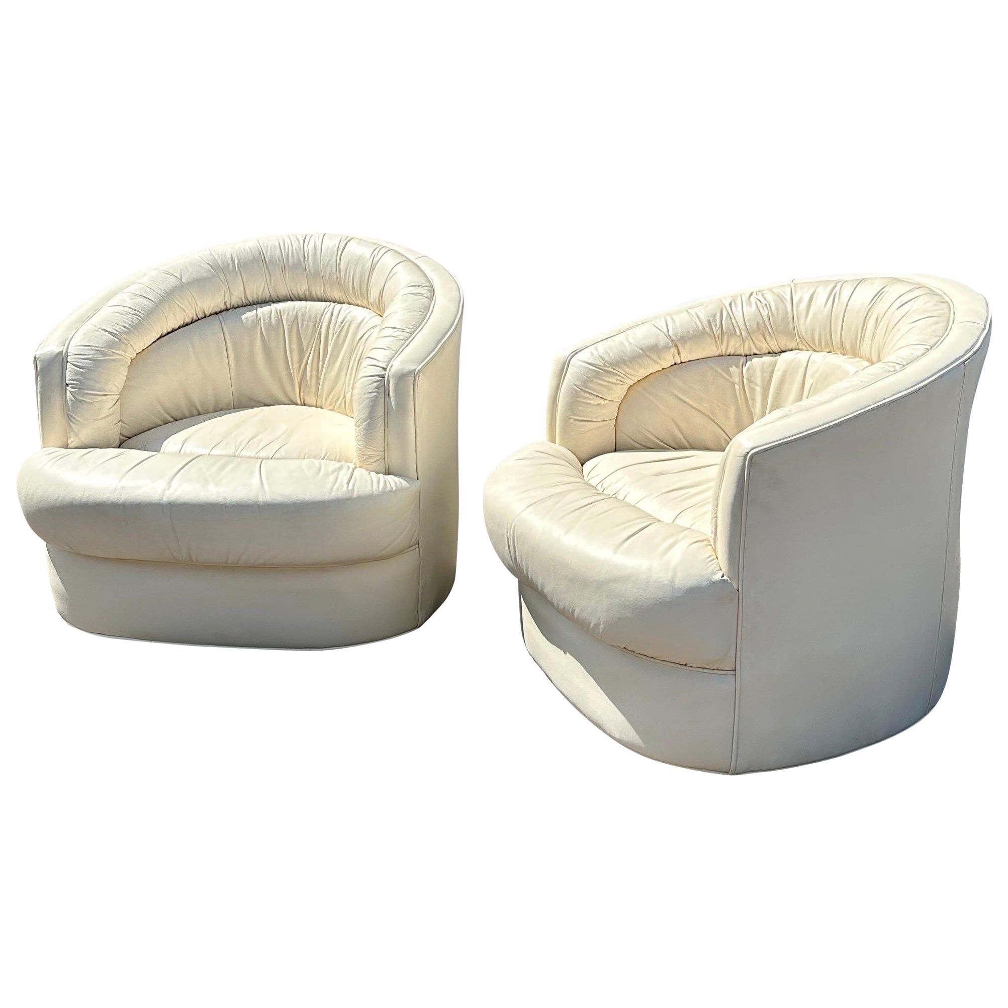 1980s Postmodern Swivel Lounge Chairs White Leather Attributed to Milo Baughman