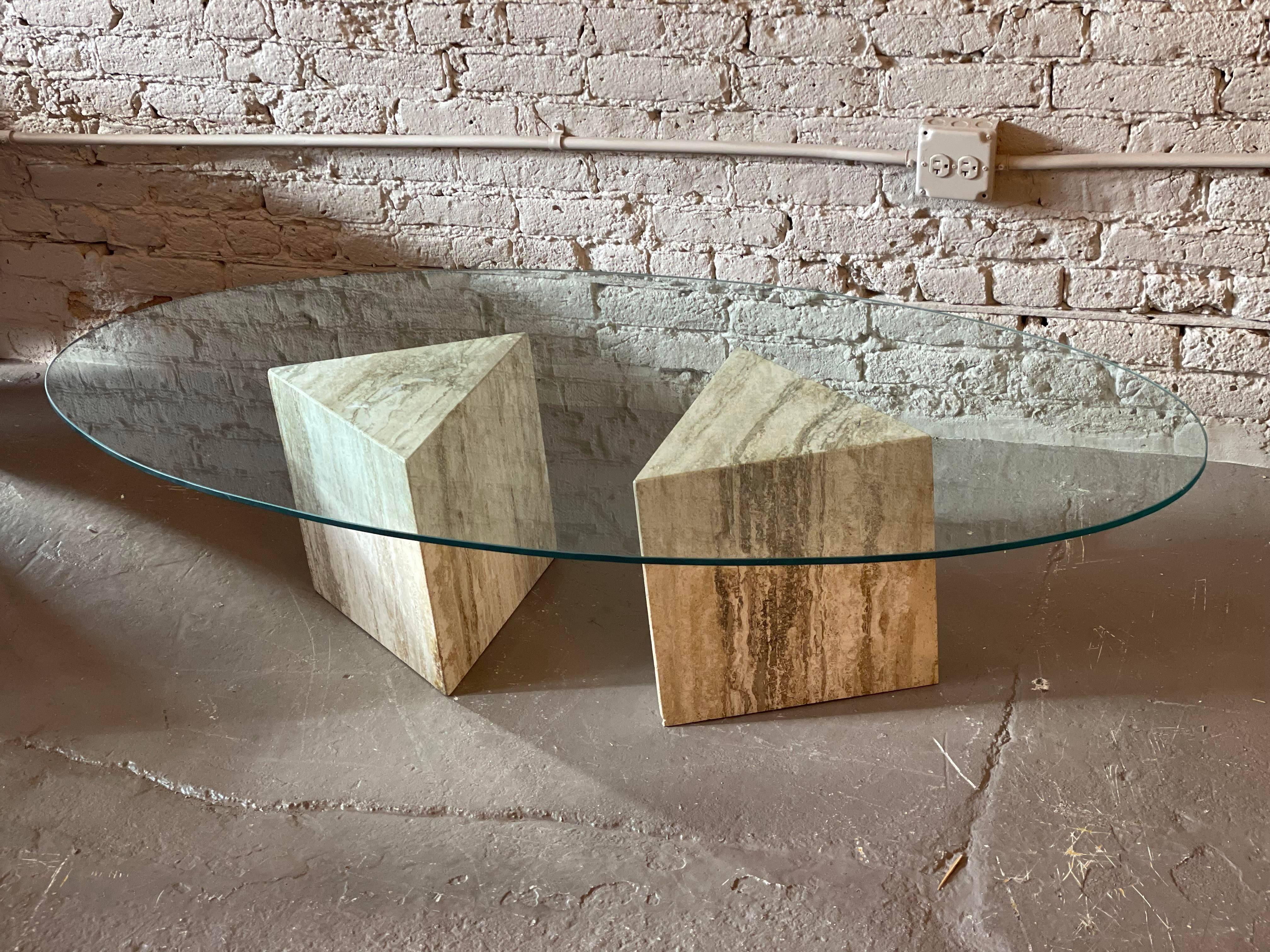 1980s Postmodern Triangle Base Travertine Coffee Table, Made in Italy 3
