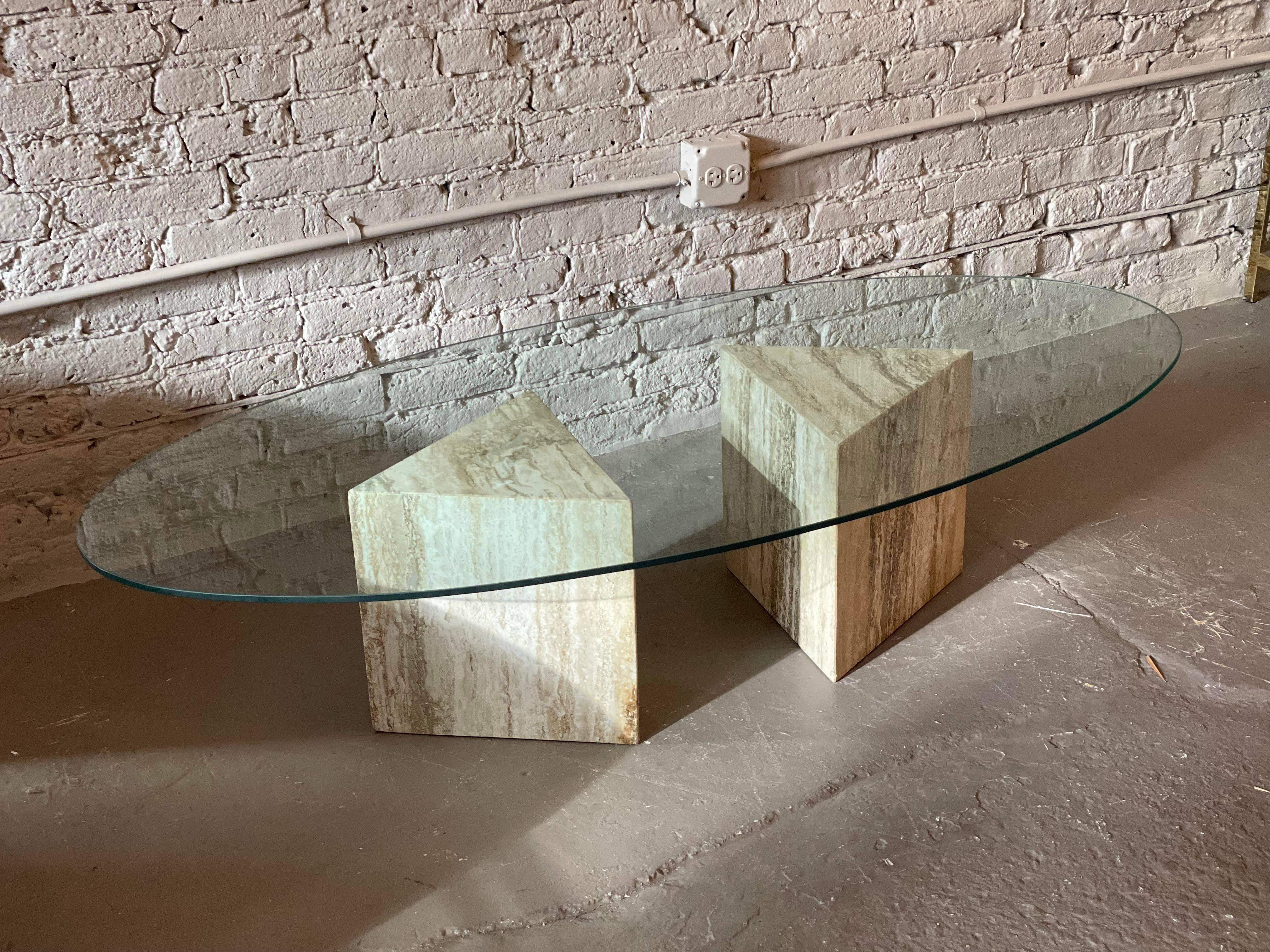 1980s Postmodern Triangle Base Travertine Coffee Table, Made in Italy In Good Condition In Chicago, IL