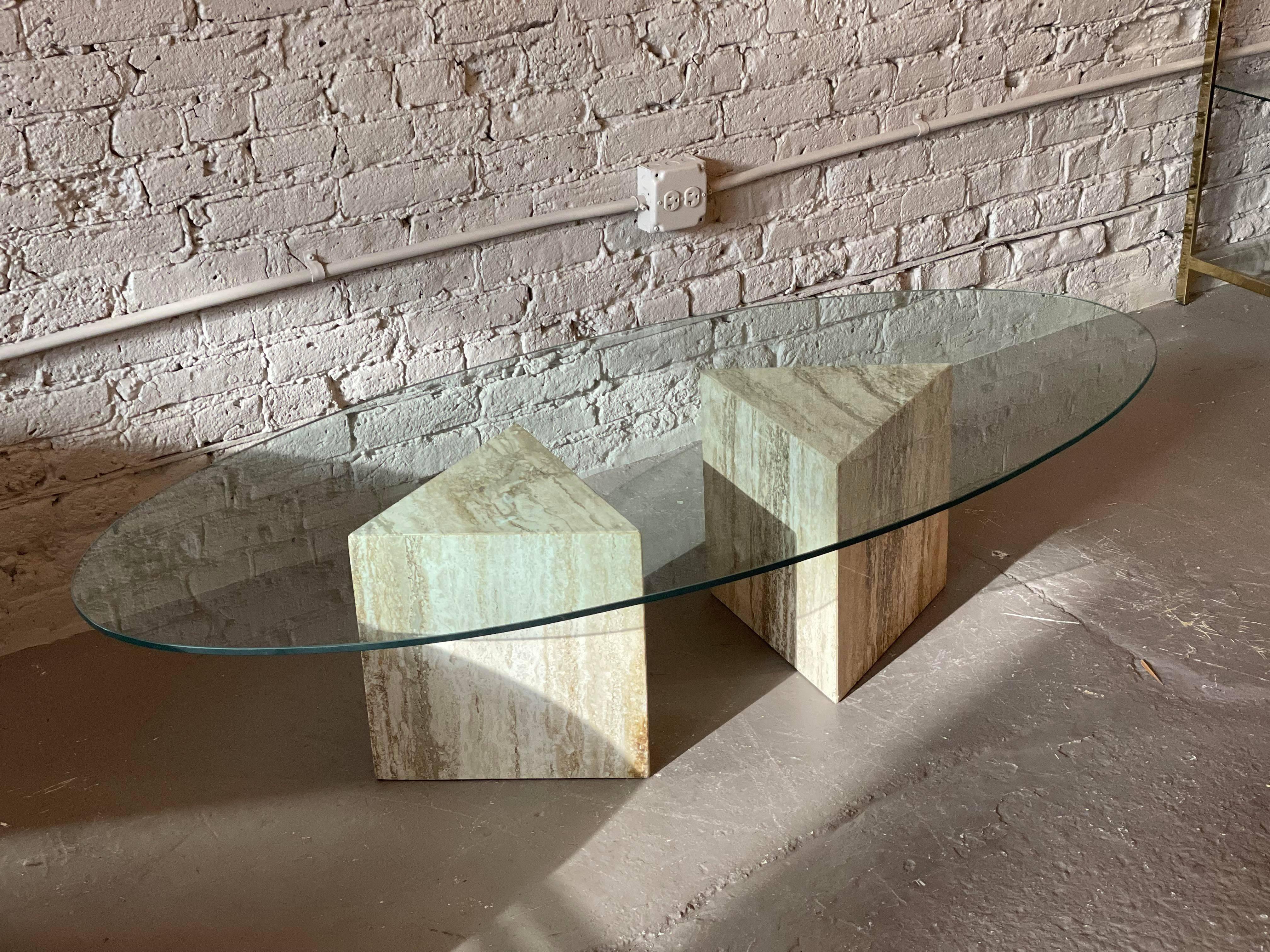 Glass 1980s Postmodern Triangle Base Travertine Coffee Table, Made in Italy