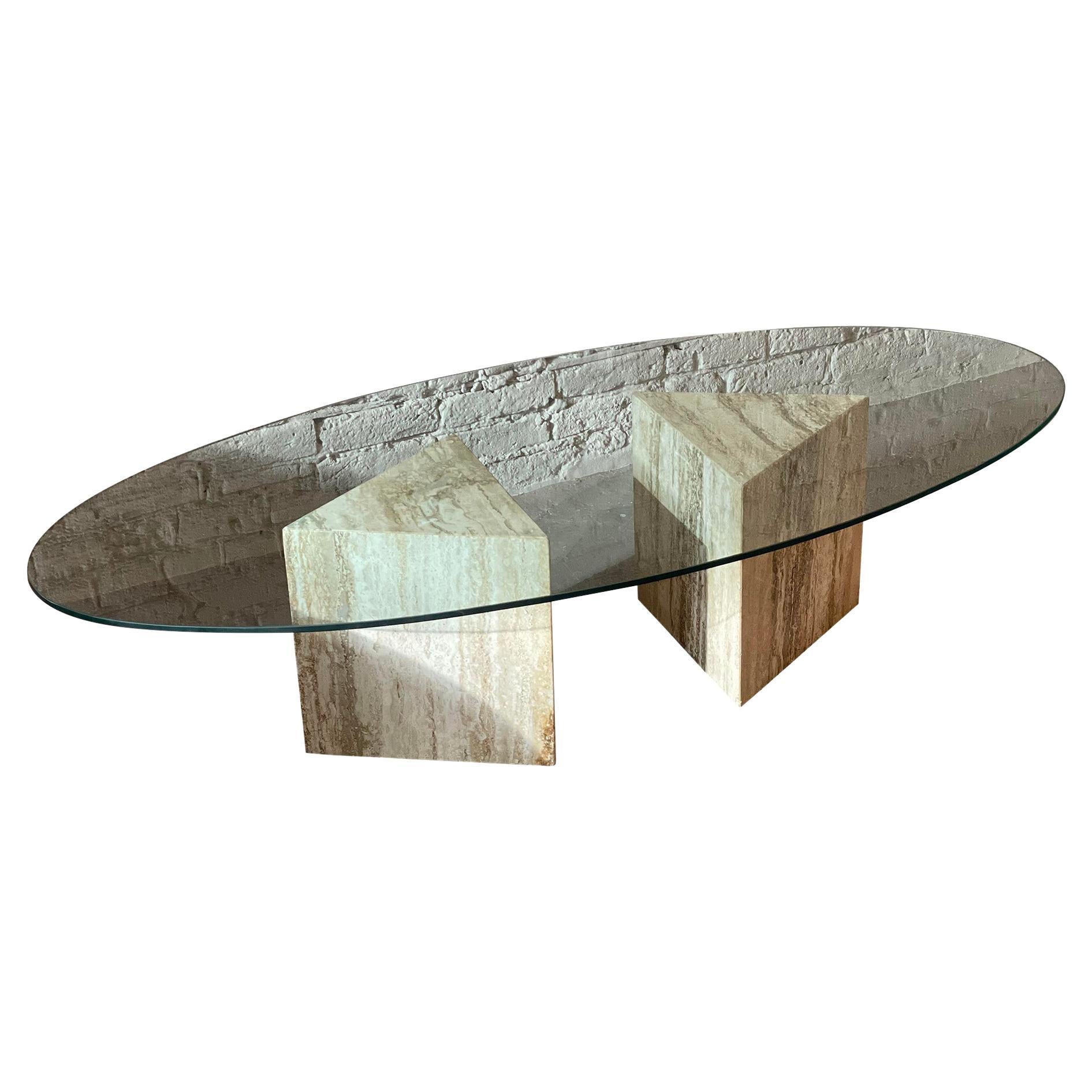 1980s Postmodern Triangle Base Travertine Coffee Table, Made in Italy
