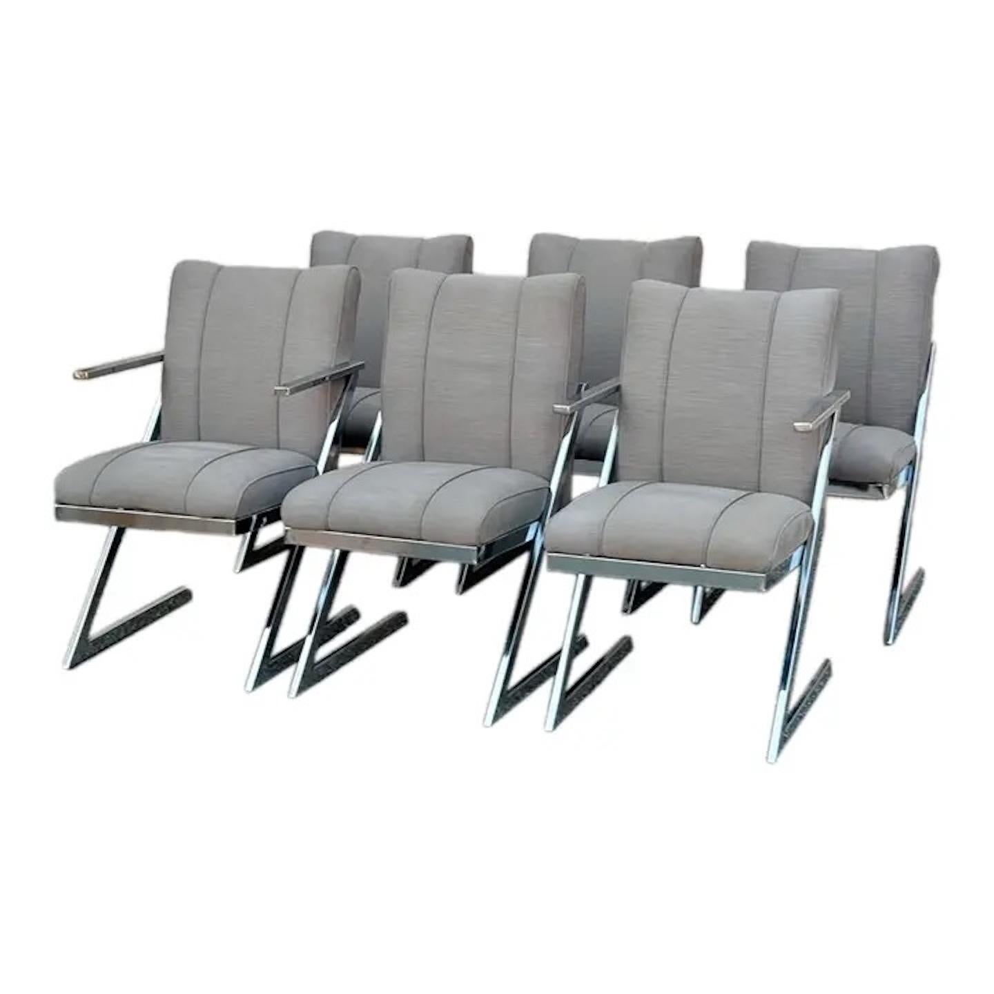 1980s Postmodern Upholstered Cantilever Chairs With Chrome Finish - Set of 6 For Sale 4