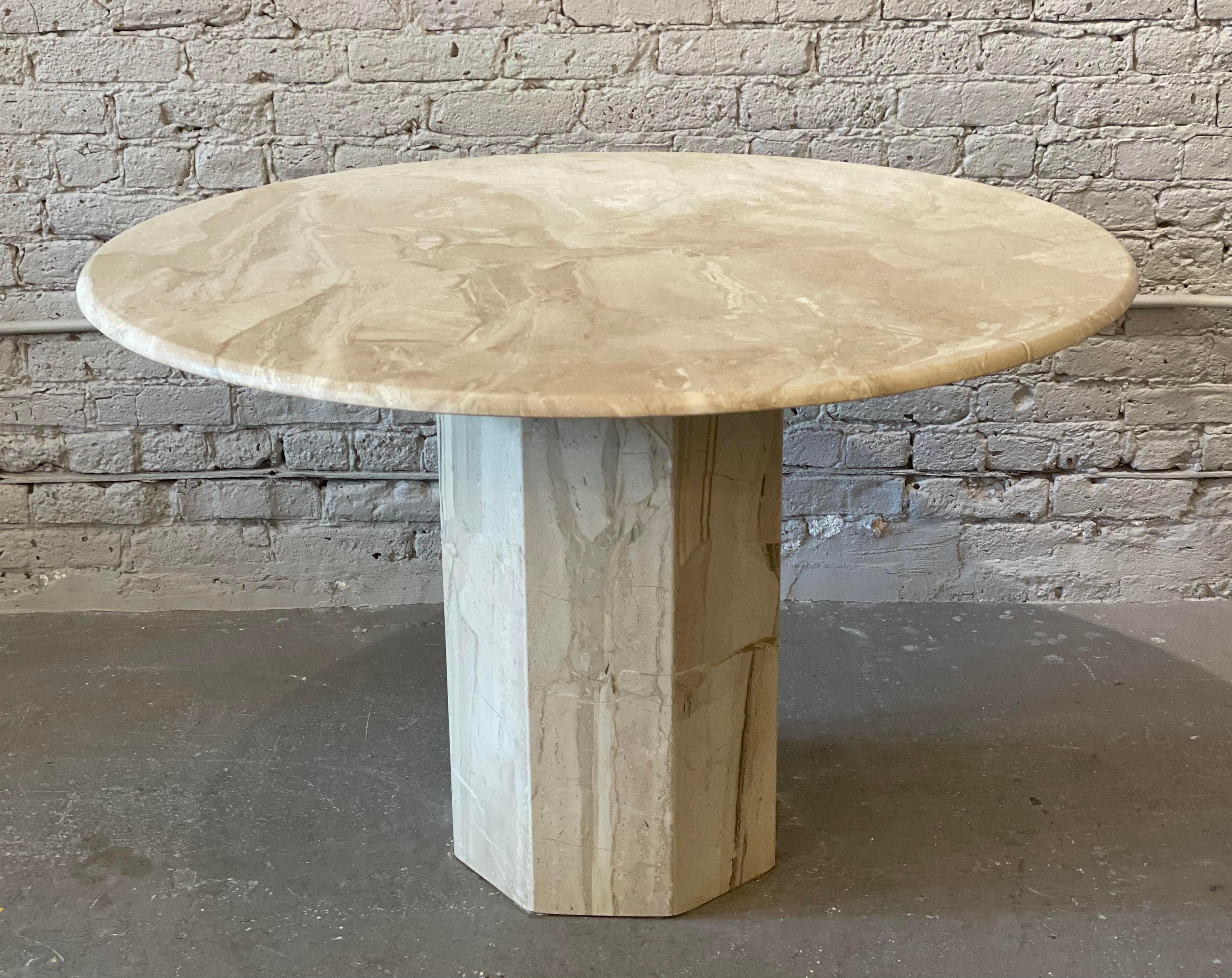 Minimalist 1980s Postmodern Vintage Travertine Round Dining/Entry Table Honed For Sale