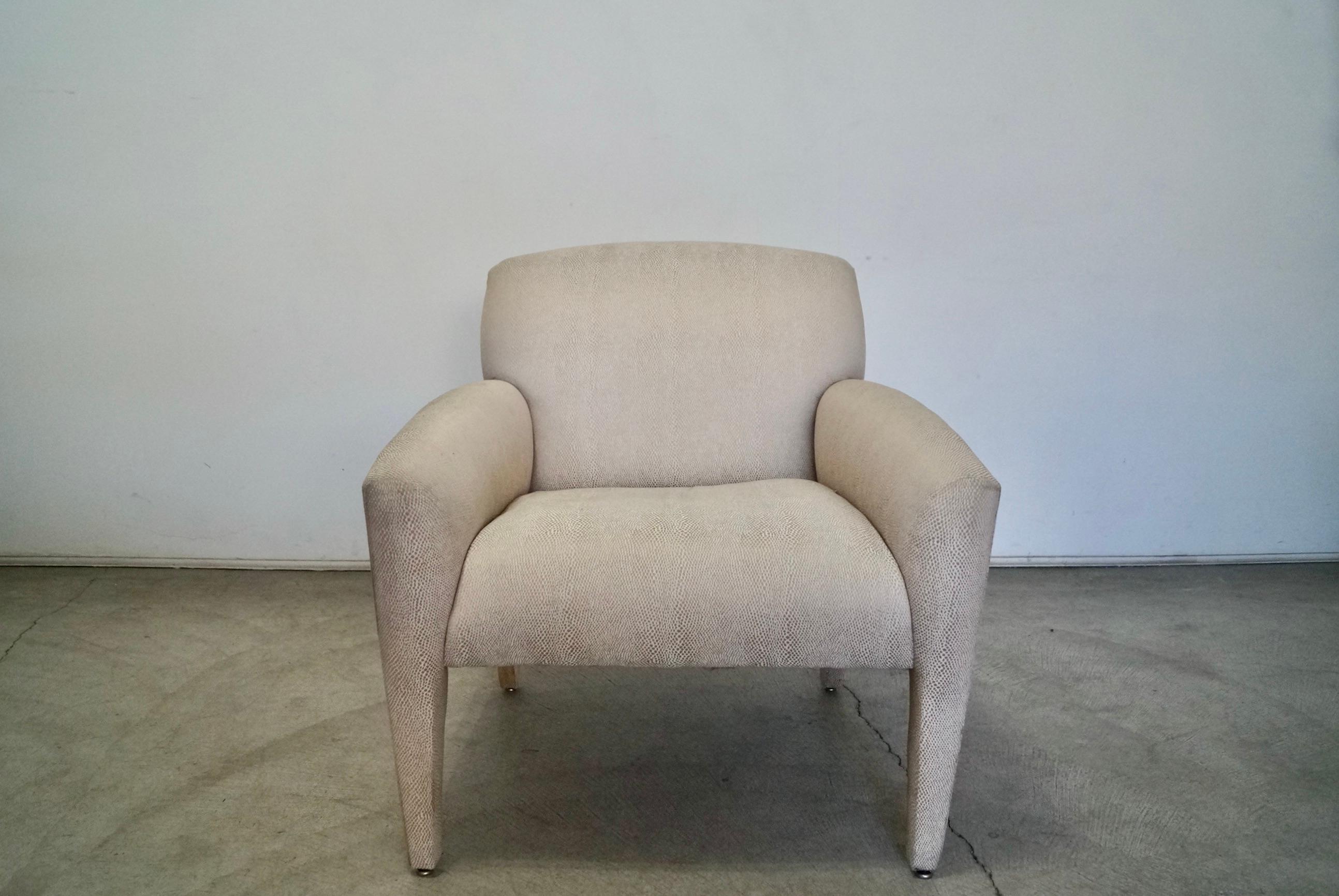 Vintage post-modern 1980s chair for sale. Designed by Vladimir Kagan for Preview, and needs reupholstery. Great Kagan design and style with clean lines. Very comfortable and very well made. Has webbing on the seat for support. Structurally sound and