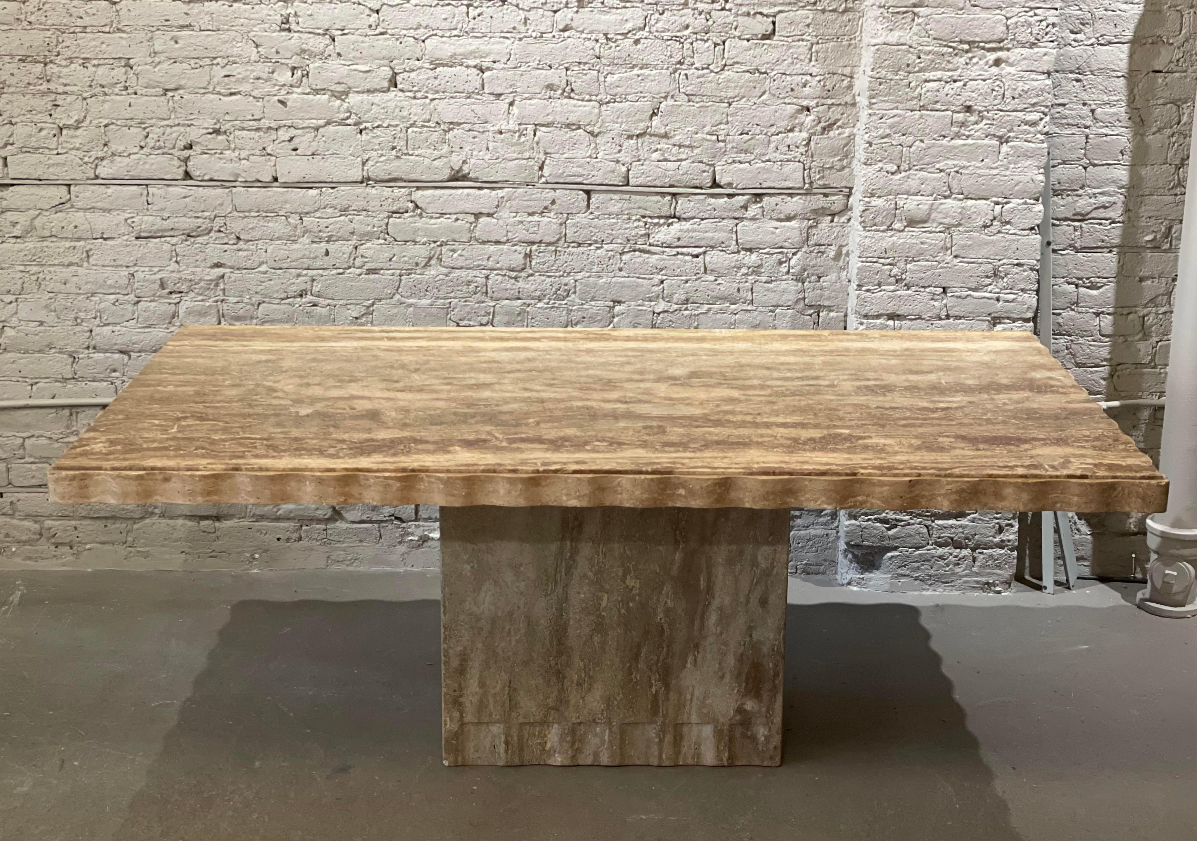 Late 20th Century 1980s Postmodern Walnut Travertine Dining Table with Scalloped Edge
