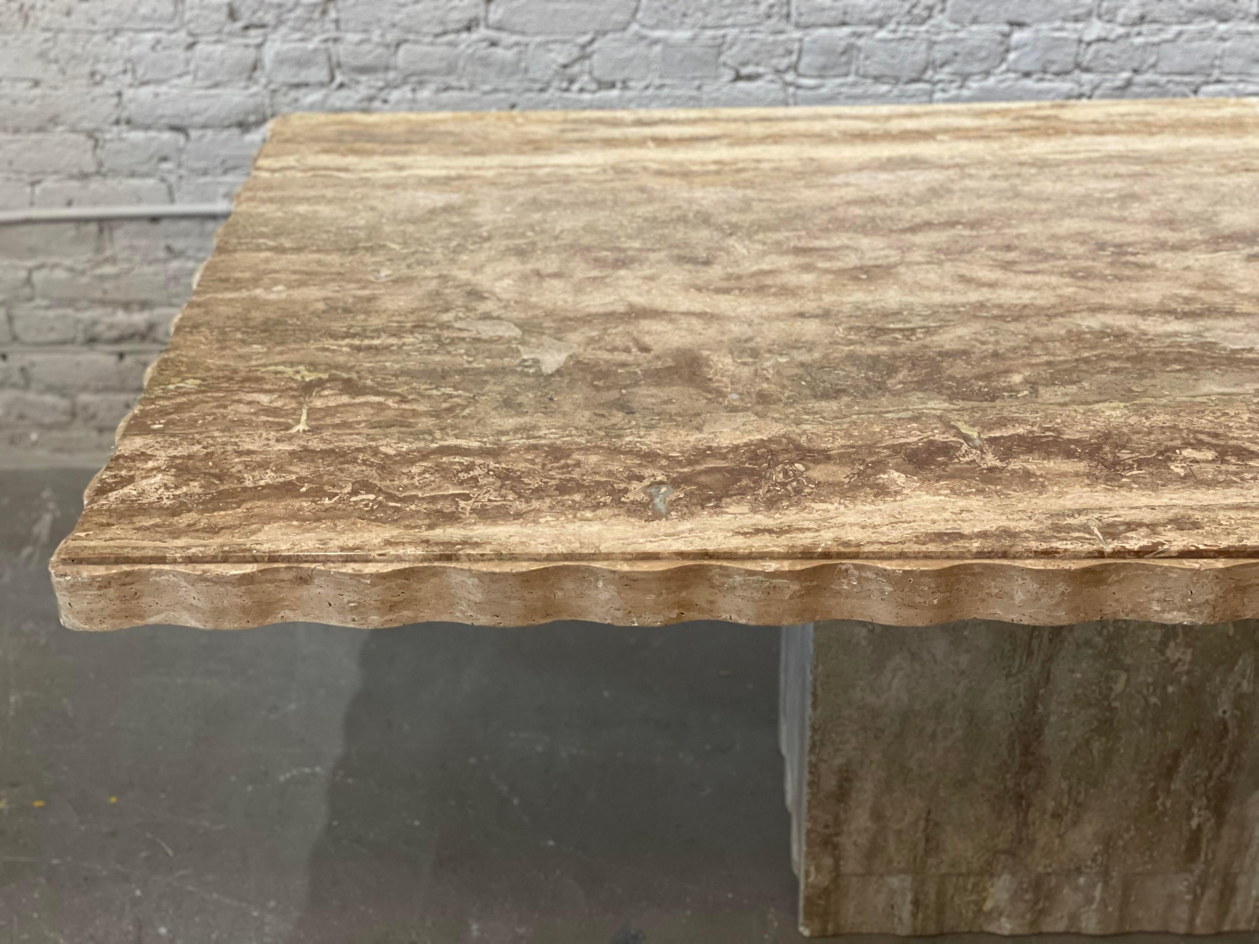 1980s Postmodern Walnut Travertine Dining Table with Scalloped Edge 1