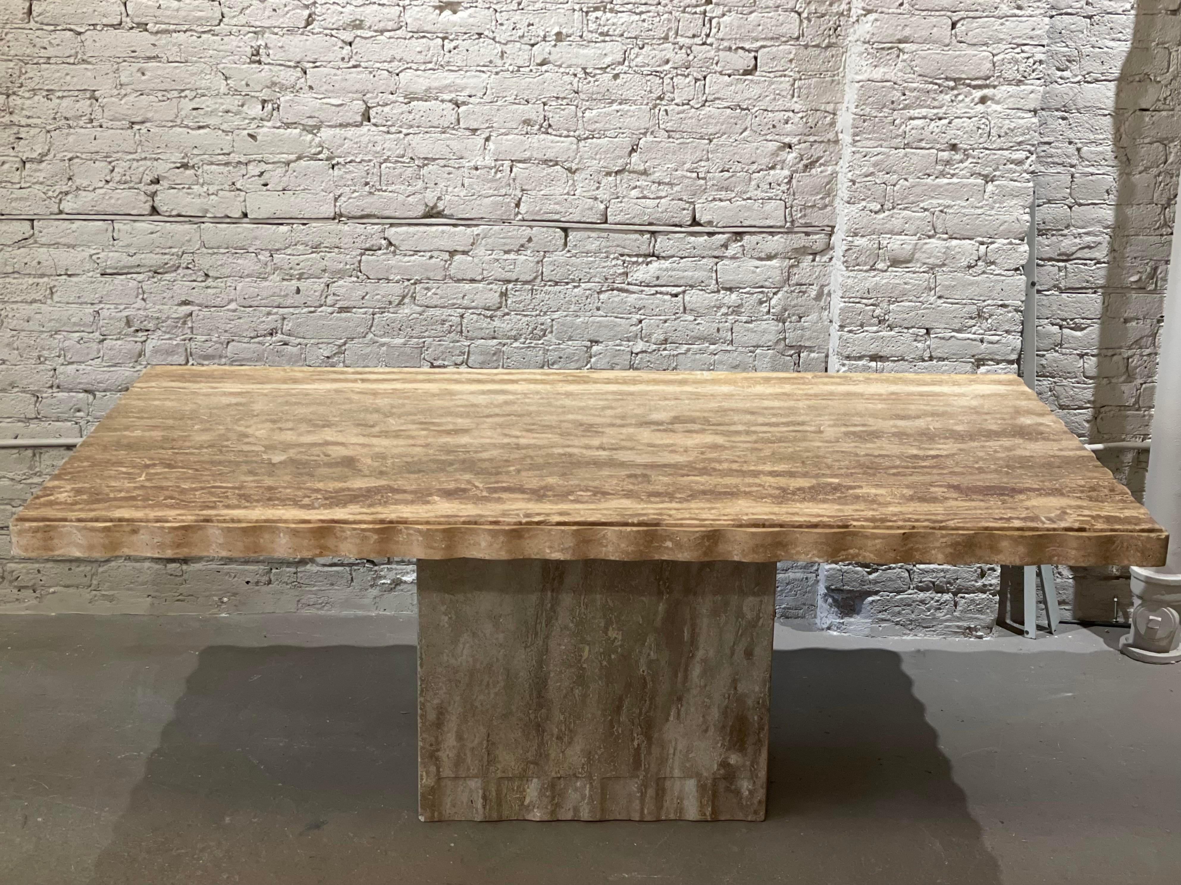 1980s Postmodern Walnut Travertine Dining Table with Scalloped Edge 3