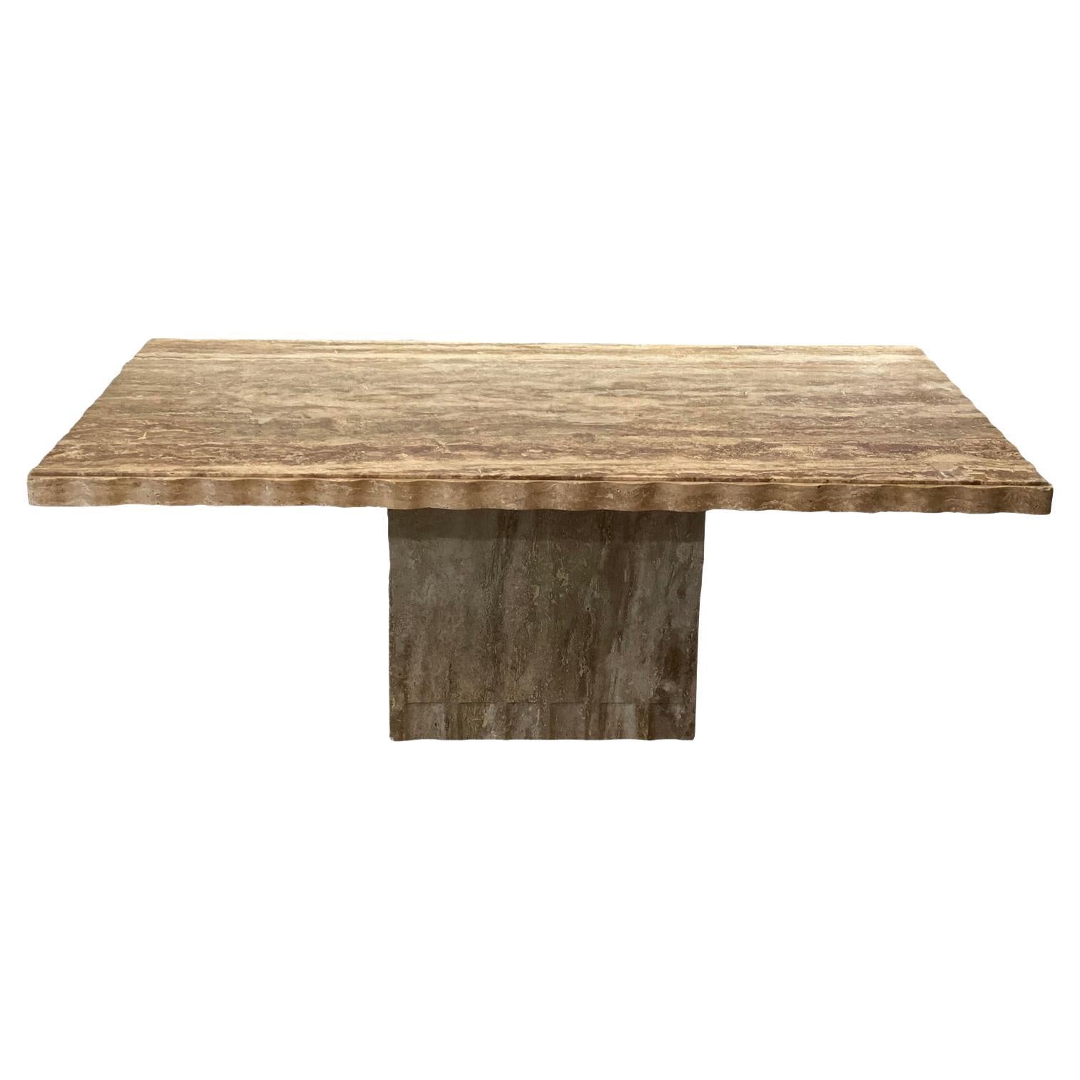 1980s Postmodern Walnut Travertine Dining Table with Scalloped Edge