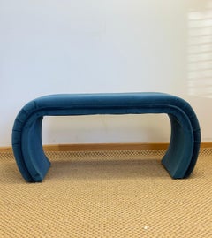 1980s Postmodern Waterfall Blue Velvet Ottoman Bench
