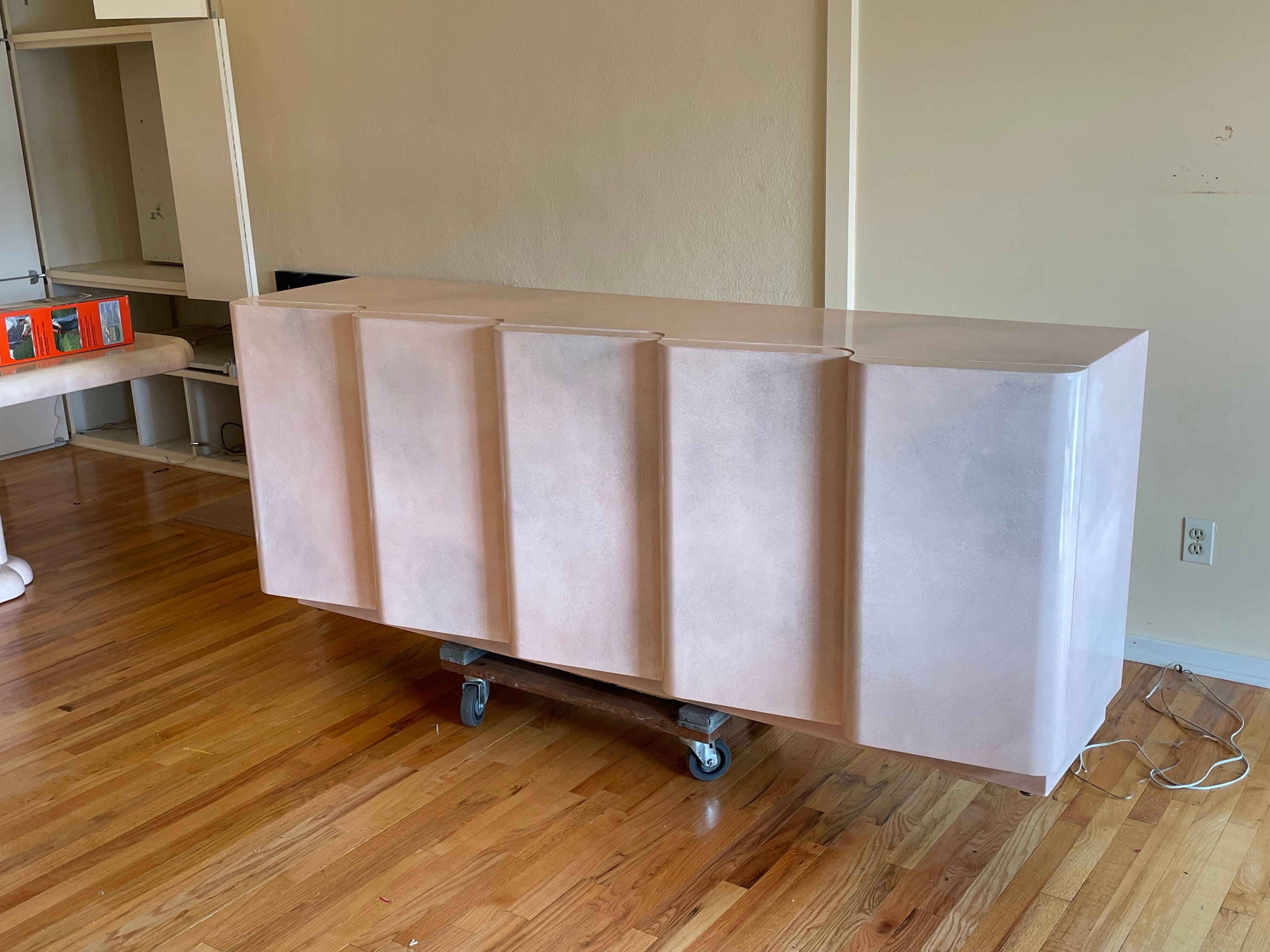 American 1980s Postmodern Wavy Front Pink Credenza  For Sale