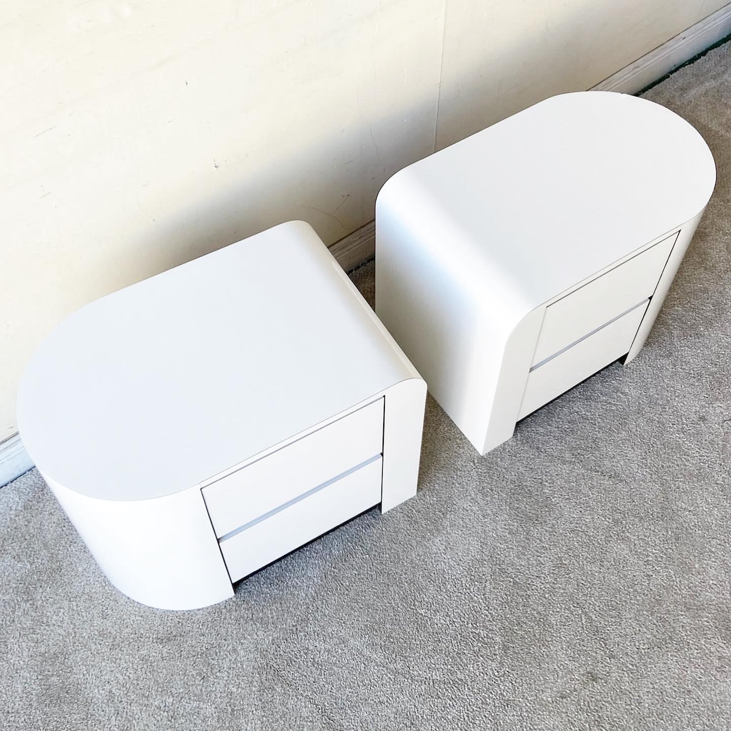 Post-Modern 1980s Postmodern White and Black Lacquer Laminate Nightstands - a Pair