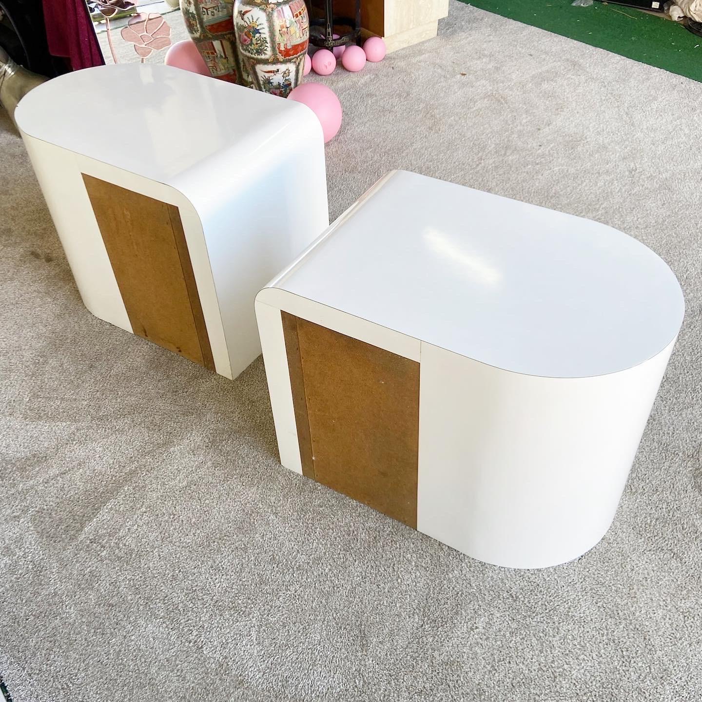 American 1980s Postmodern White and Black Lacquer Laminate Nightstands - a Pair