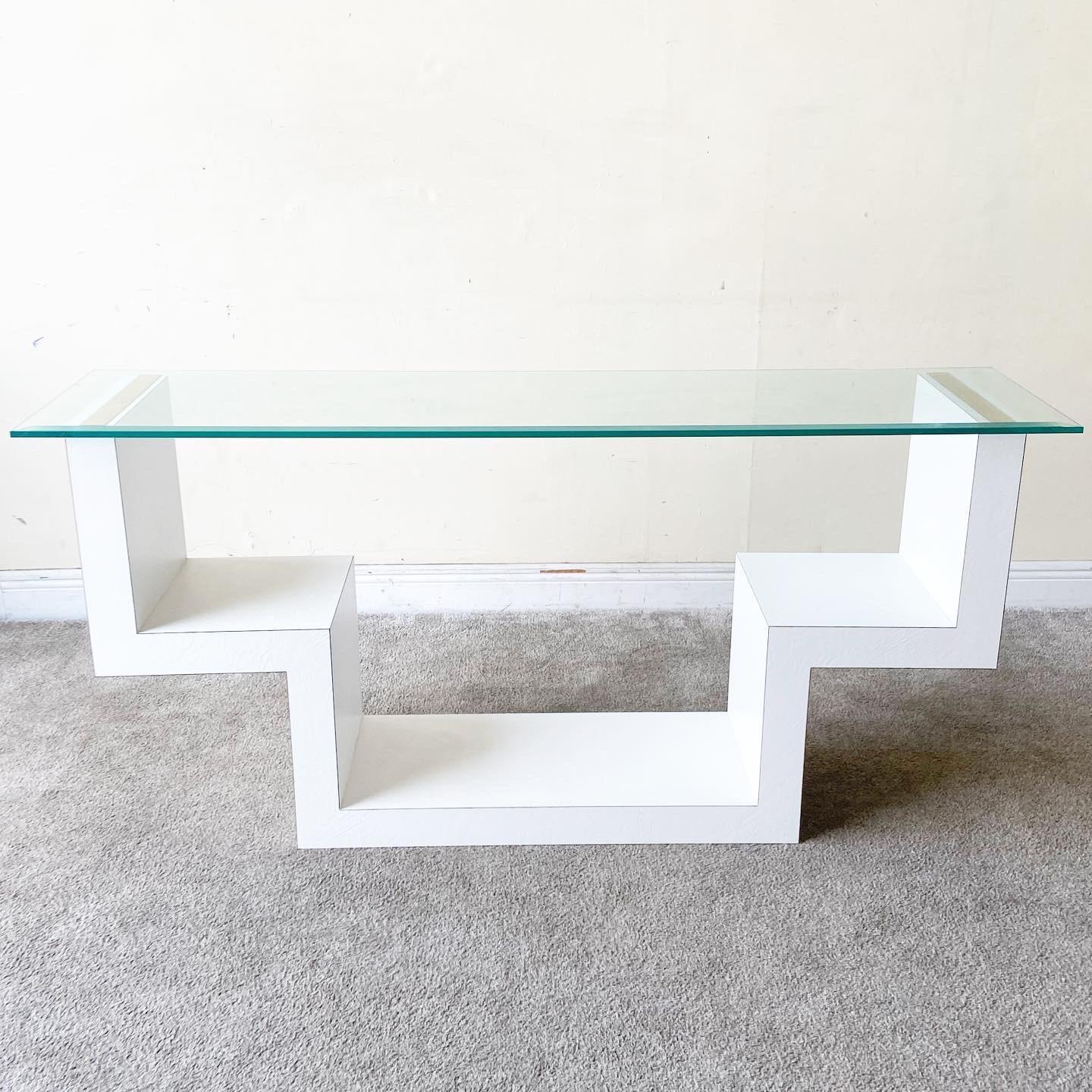 Post-Modern 1980s Postmodern White Faux Leather Laminate Glass Top Console Table For Sale