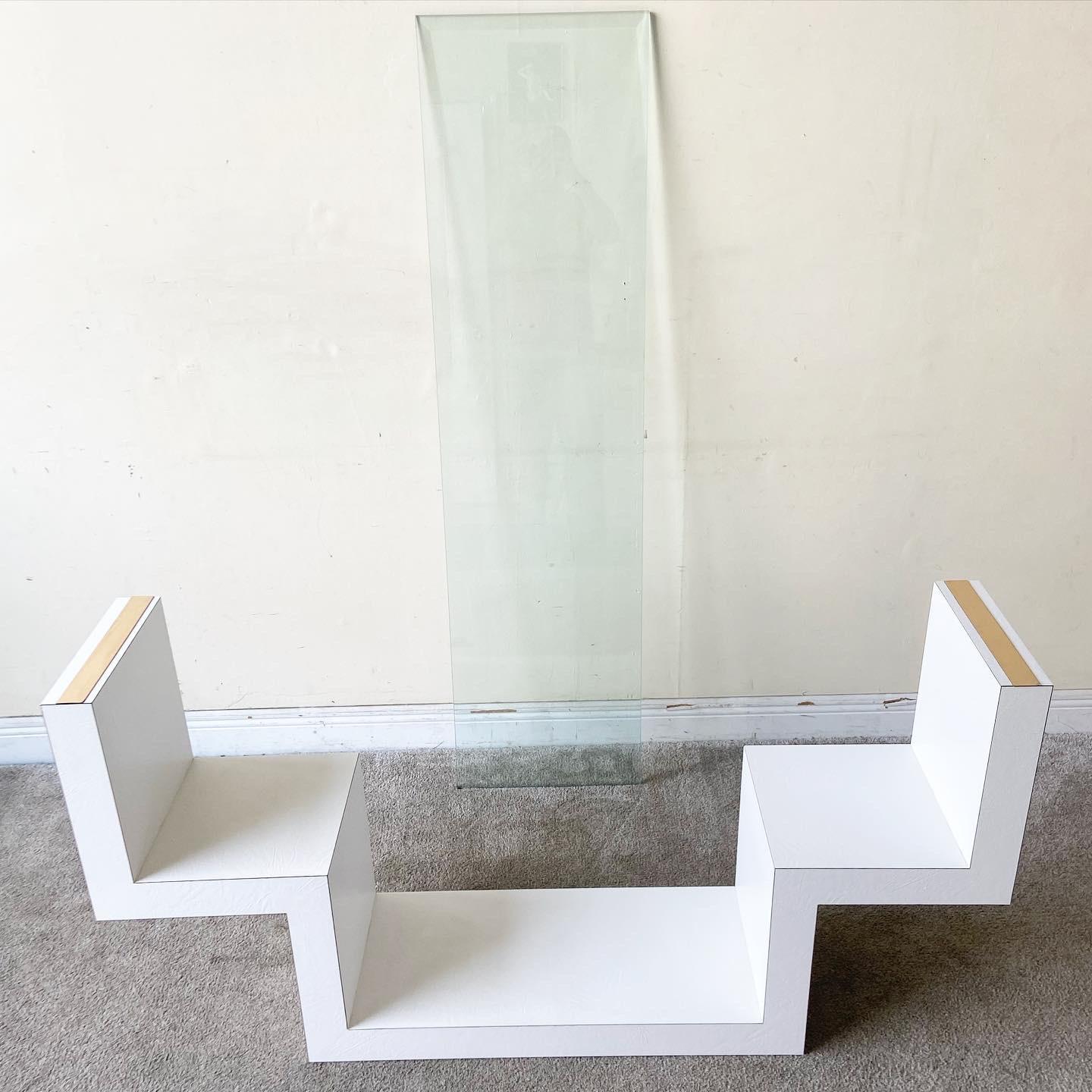American 1980s Postmodern White Faux Leather Laminate Glass Top Console Table For Sale