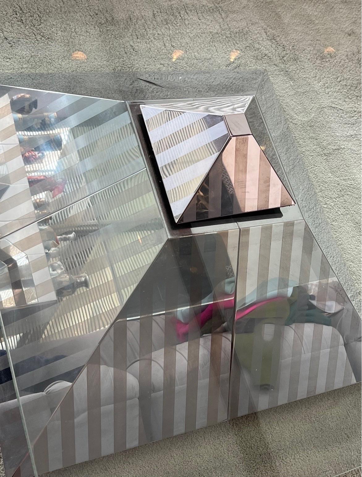 Postmorden Chrome Mirrored Pyramid coffee table, custom made in 1980. The original owner had this coffee table for over 40 years in her living room untouched.