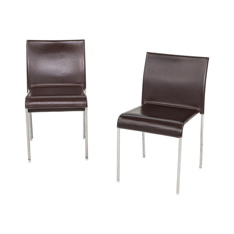 1980s Potocco Italy Italian Brown Leather Dining Chair 3x Available