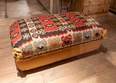 1980s Pouf Upholstered with Antique Kilim and Linen Base