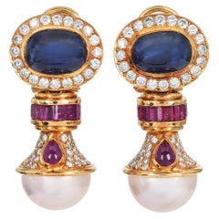 1980s Precious Gemstone Pearl 18k Gold Statement Drop Earrings 1980s Precious Gemstone Pearl 18k Gold Statement Drop Earrings