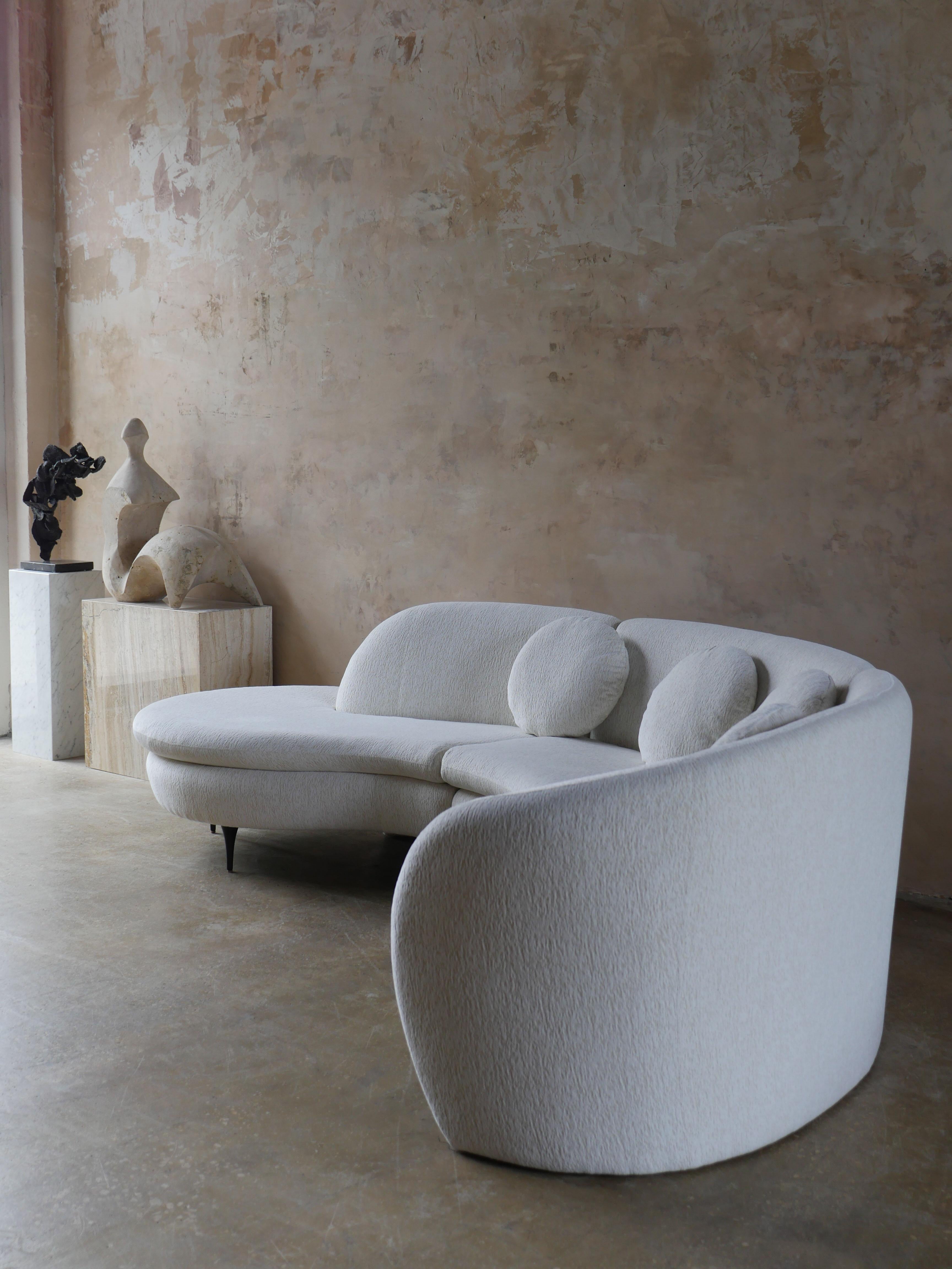 1980s Preview sectional designer sofa beautifully reupholstered with a performance chenille by Kravet. This sofa features ebonized wood legs that provide an elegant front view, while the back showcases sculptural curves, cleverly concealing the legs