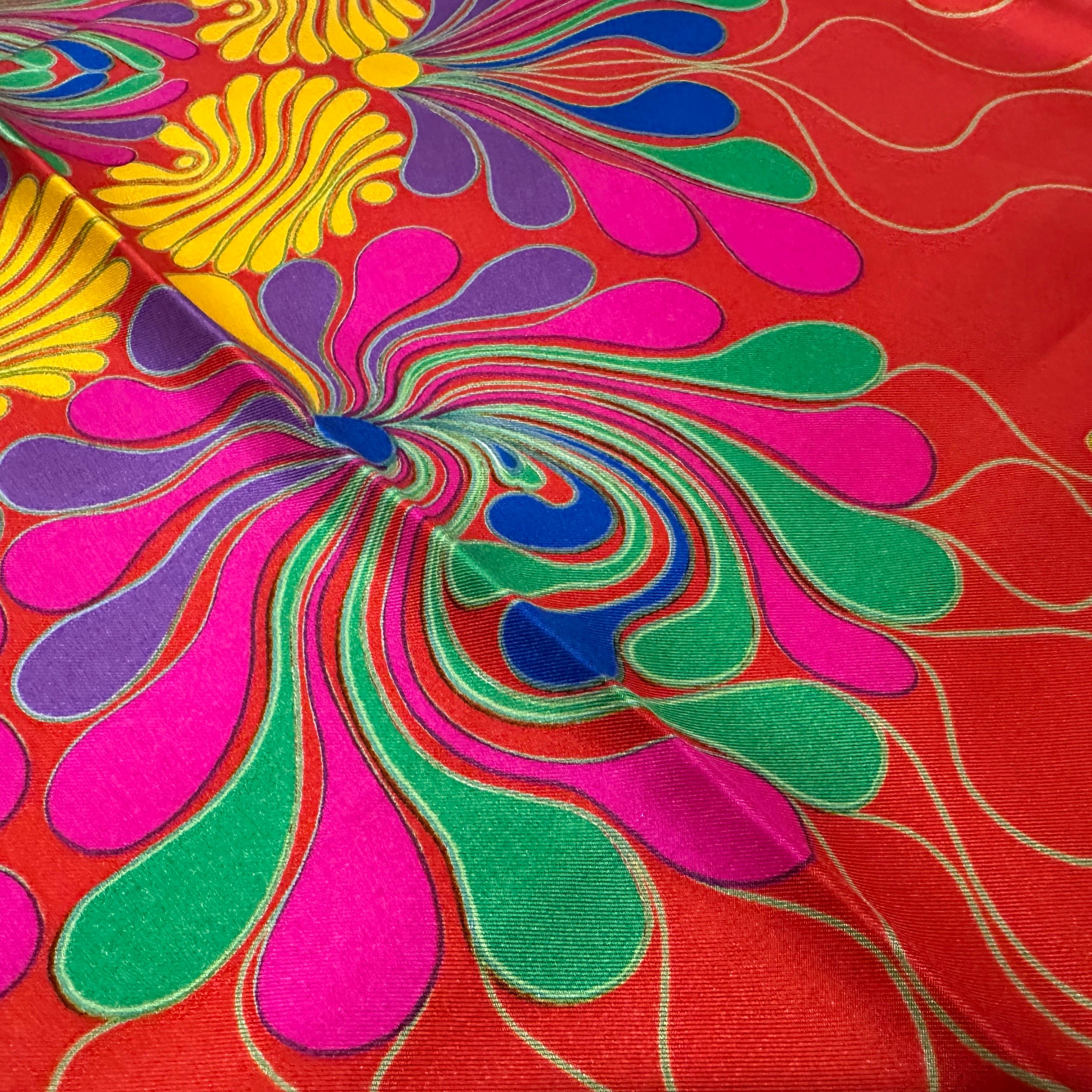 1980er Psychedelisches Blumenmuster Seidenschal von Jean Patou im Angebot 14