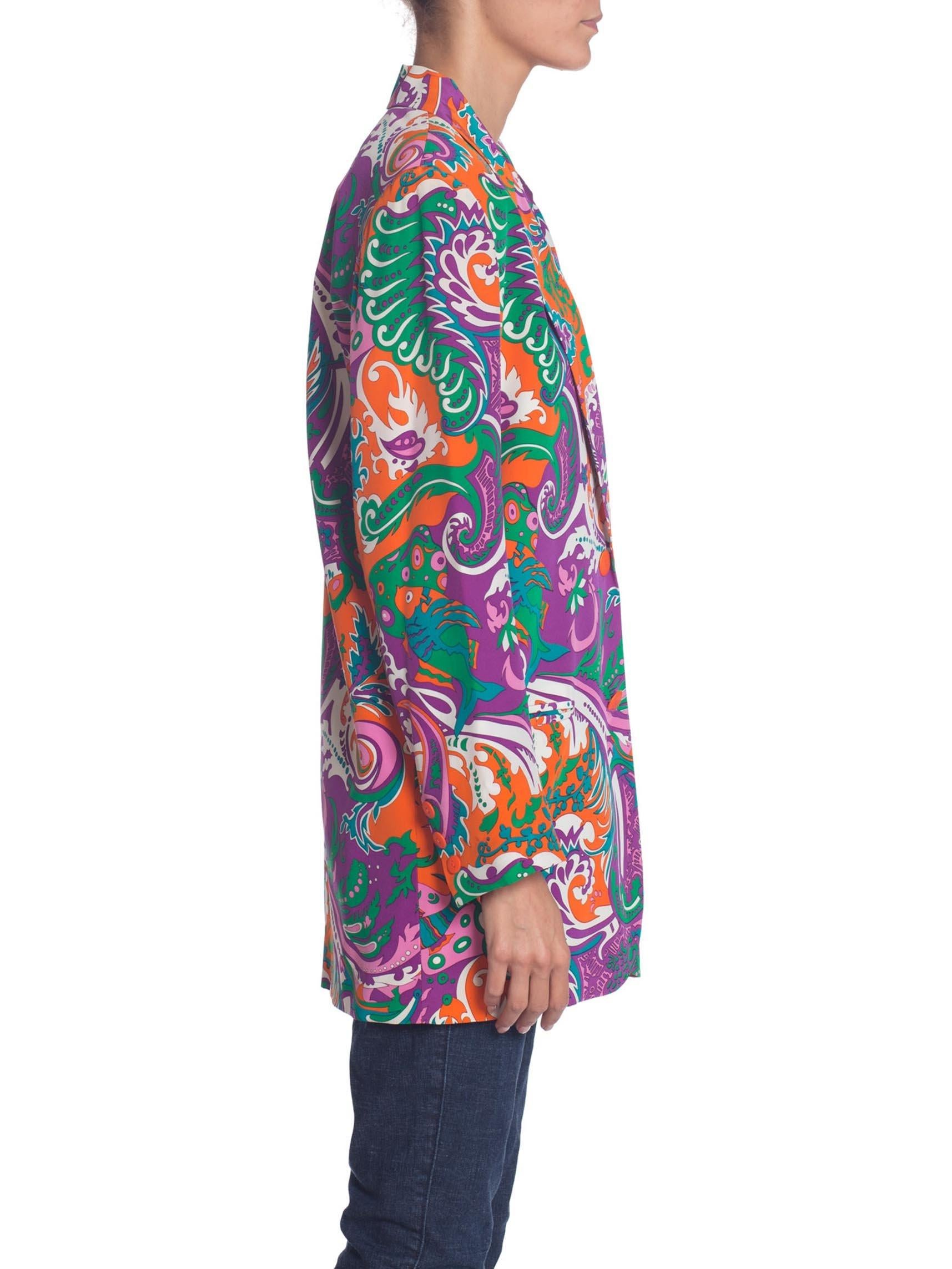 Gray 1980S PUCCI Style Silk Crepe De Chine Psychedelic Paisley Print Oversized Blazer