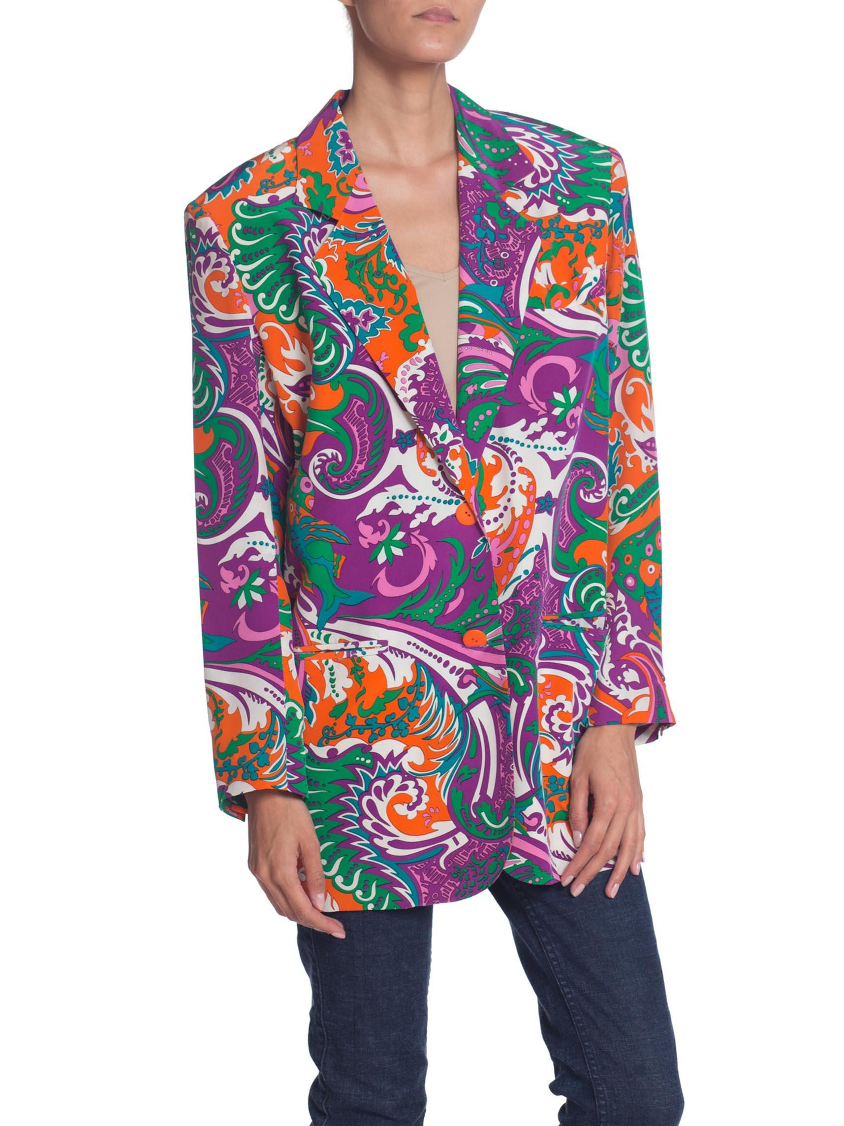 1980S PUCCI Style Silk Crepe De Chine Psychedelic Paisley Print Oversized Blazer In Excellent Condition In New York, NY