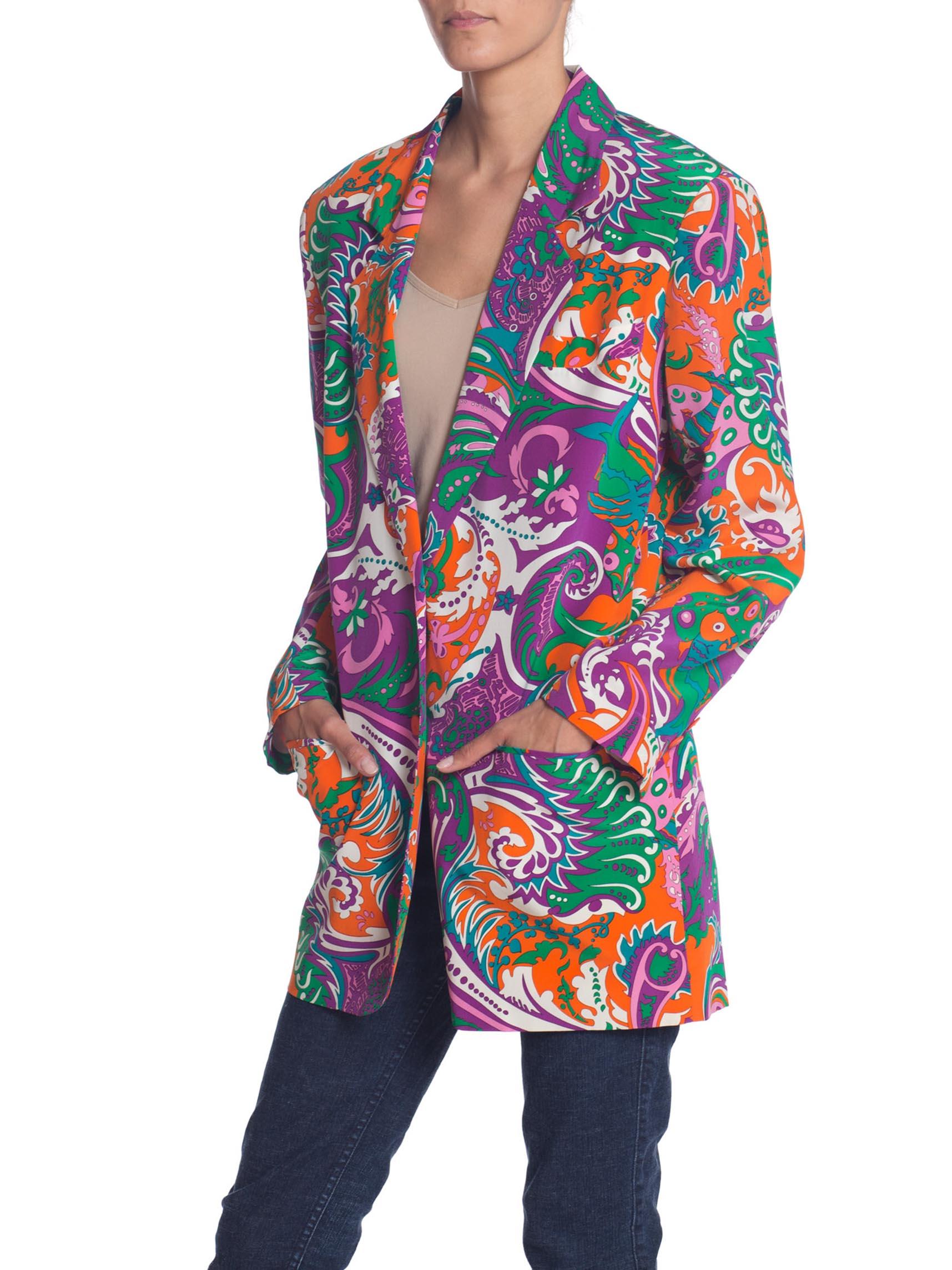 Women's 1980S PUCCI Style Silk Crepe De Chine Psychedelic Paisley Print Oversized Blazer