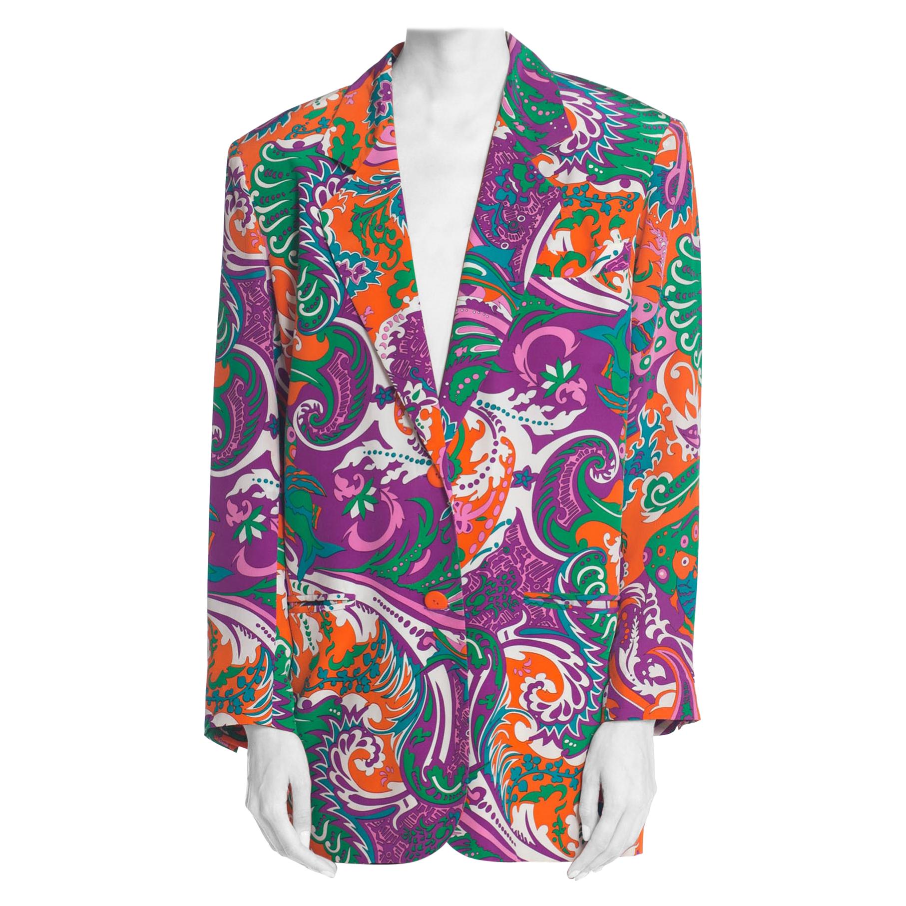 1980S PUCCI Style Silk Crepe De Chine Psychedelic Paisley Print Oversized Blazer