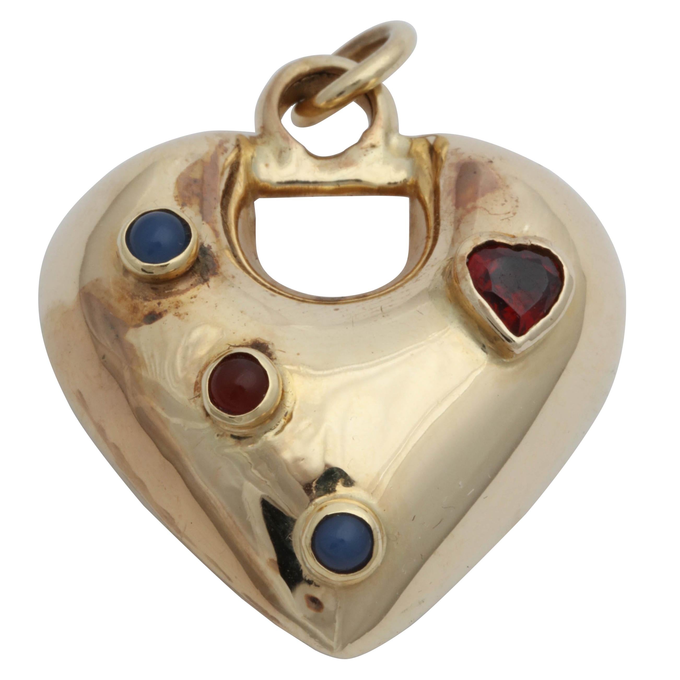 1980s Puffy Heart Blue Chalcedony with Garnet Gold Charm Pendant with Gold Bail