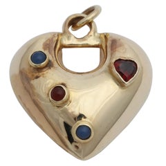 Vintage 1980s Puffy Heart Blue Chalcedony with Garnet Gold Charm Pendant with Gold Bail