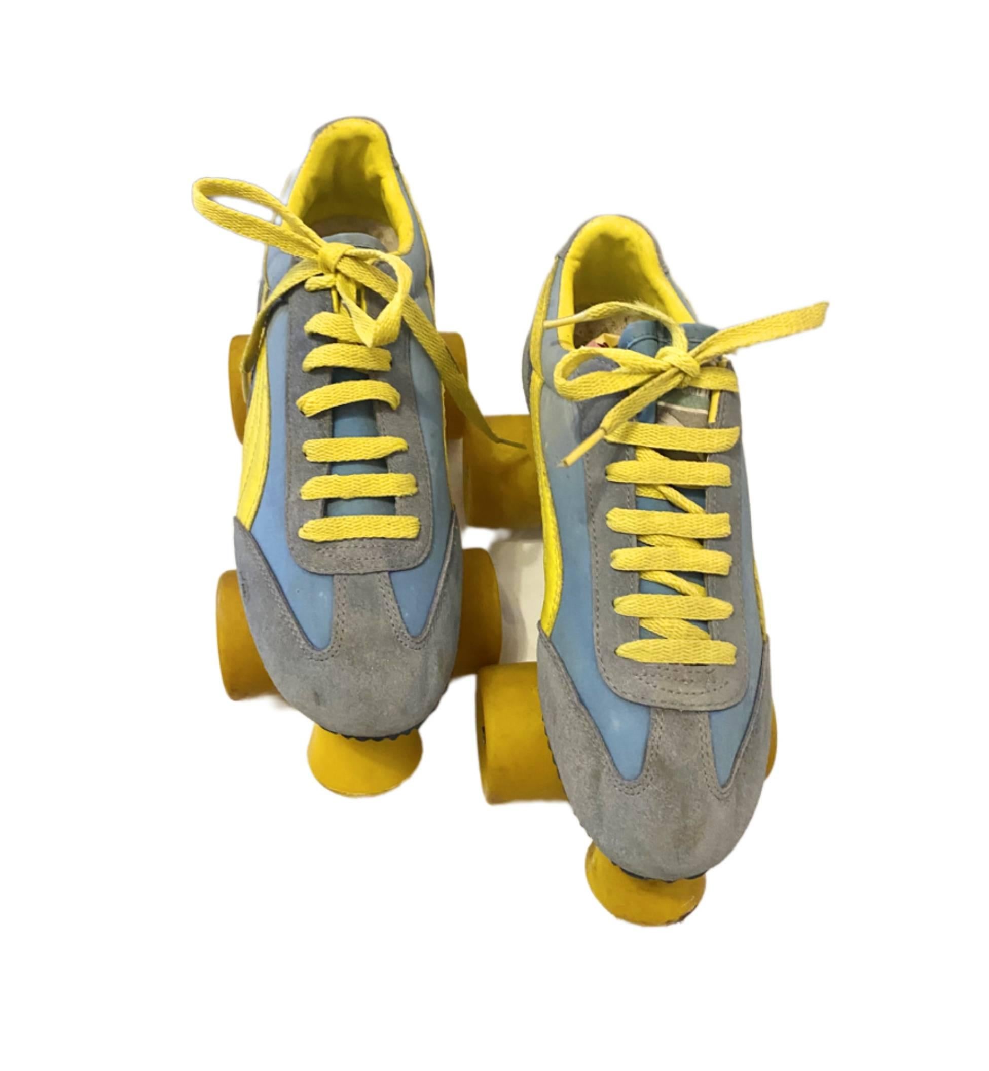 1980s Puma Blue Yellow Suede Roller Skates In Fair Condition In London, GB