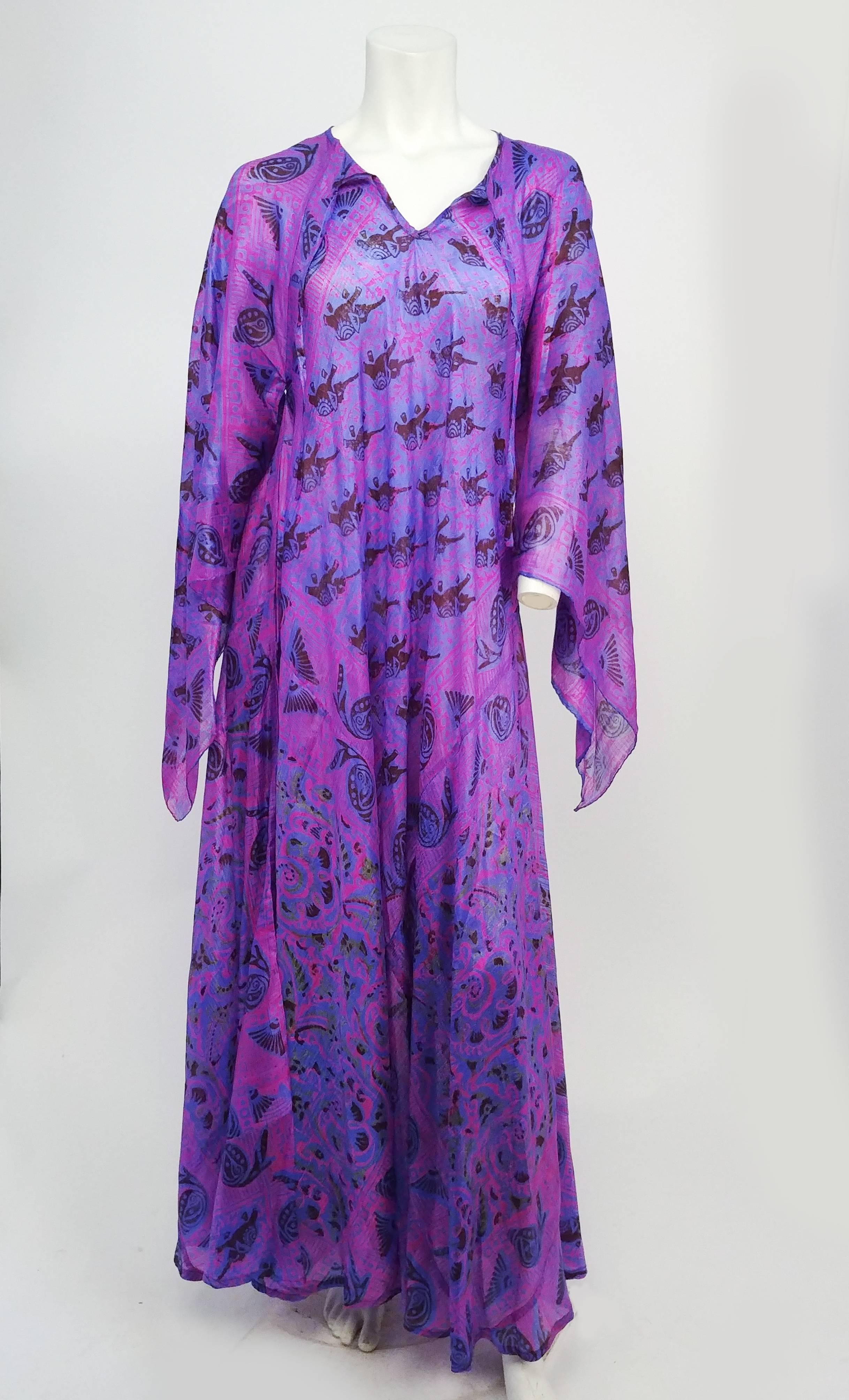 1980s Purple Chiffon Printed Kaftan. Loose fit, pulls on over head, ties at neck. Kerchief sleeves. 