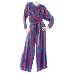 1980S Purple Floral Polyester Satin Jumpsuit