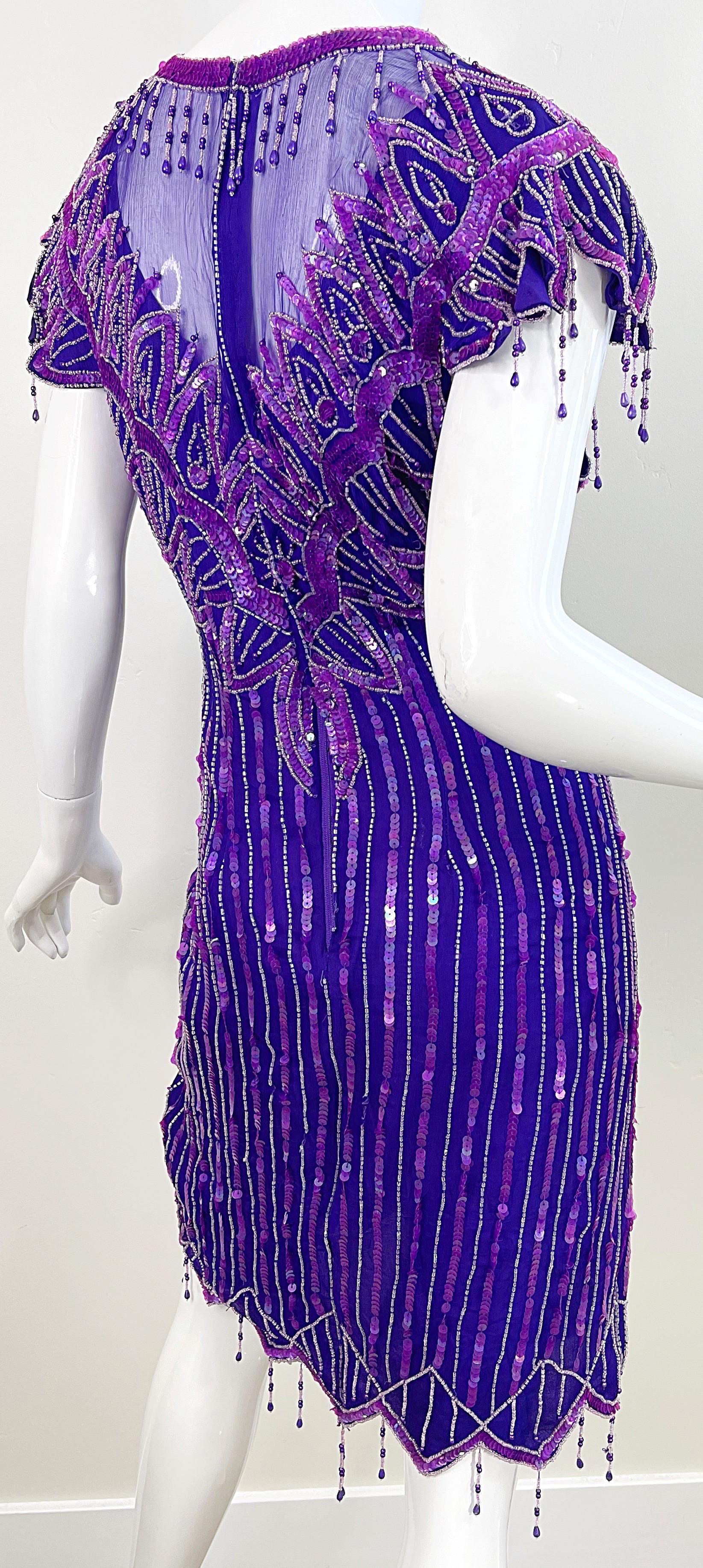 1980s Purple Silk Beaded Sequin Large Size Flapper Style Vintage 80s Dress For Sale 4