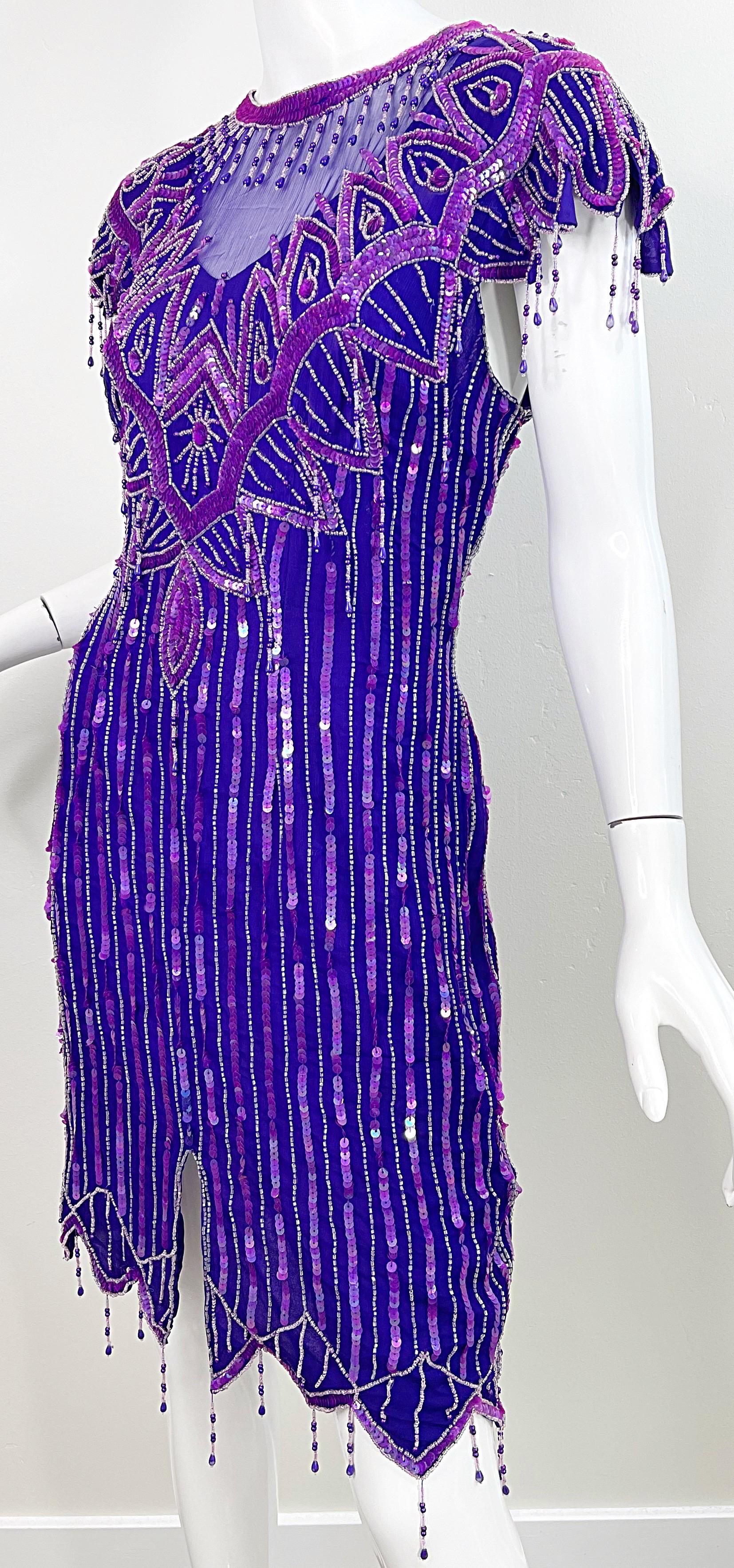 1980s Purple Silk Beaded Sequin Large Size Flapper Style Vintage 80s Dress For Sale 5