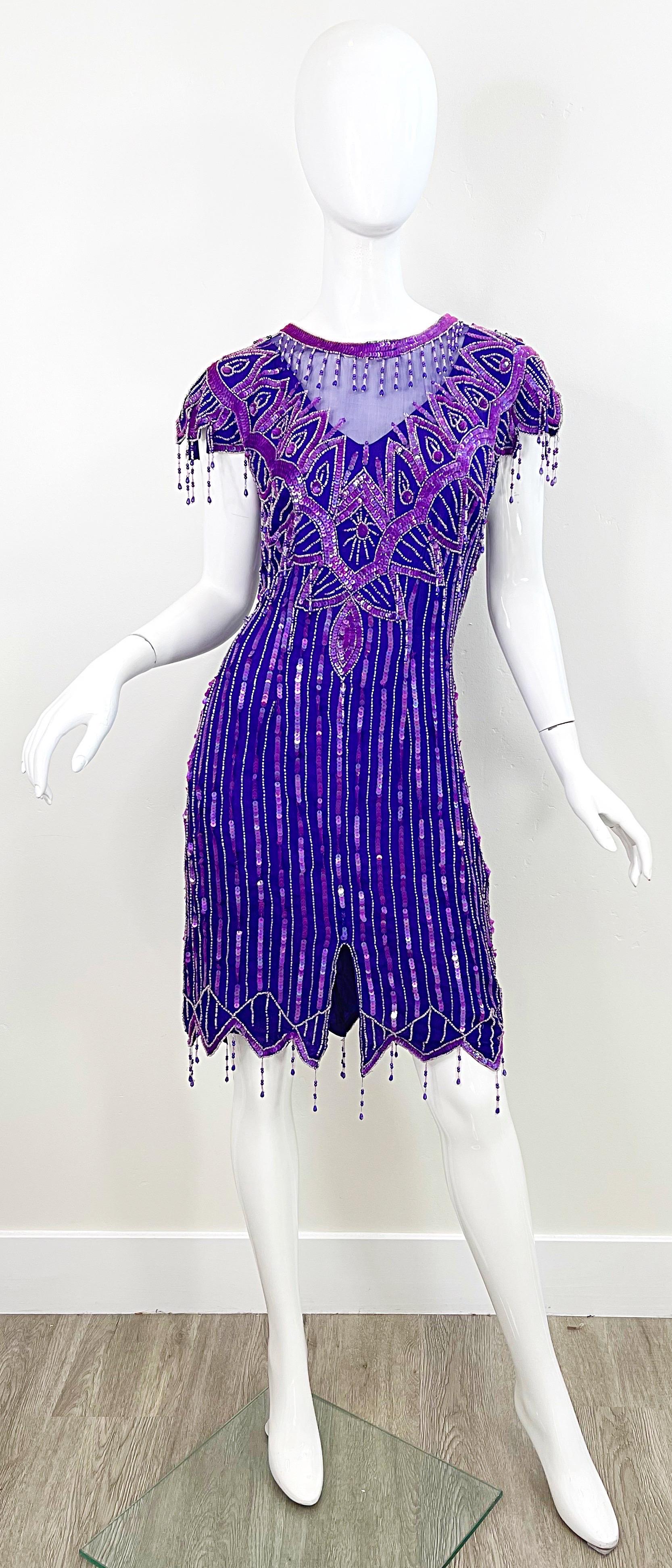 1980s Purple Silk Beaded Sequin Large Size Flapper Style Vintage 80s Dress For Sale 6