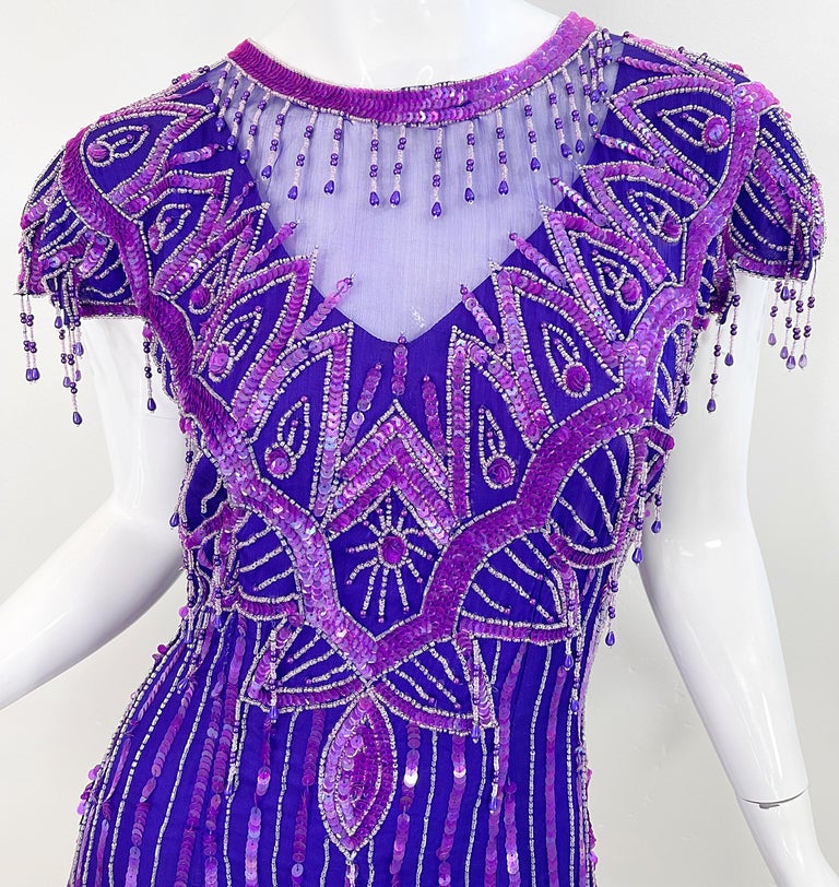 1980s Purple Silk Beaded Sequin Large Size Flapper Style Vintage 80s ...