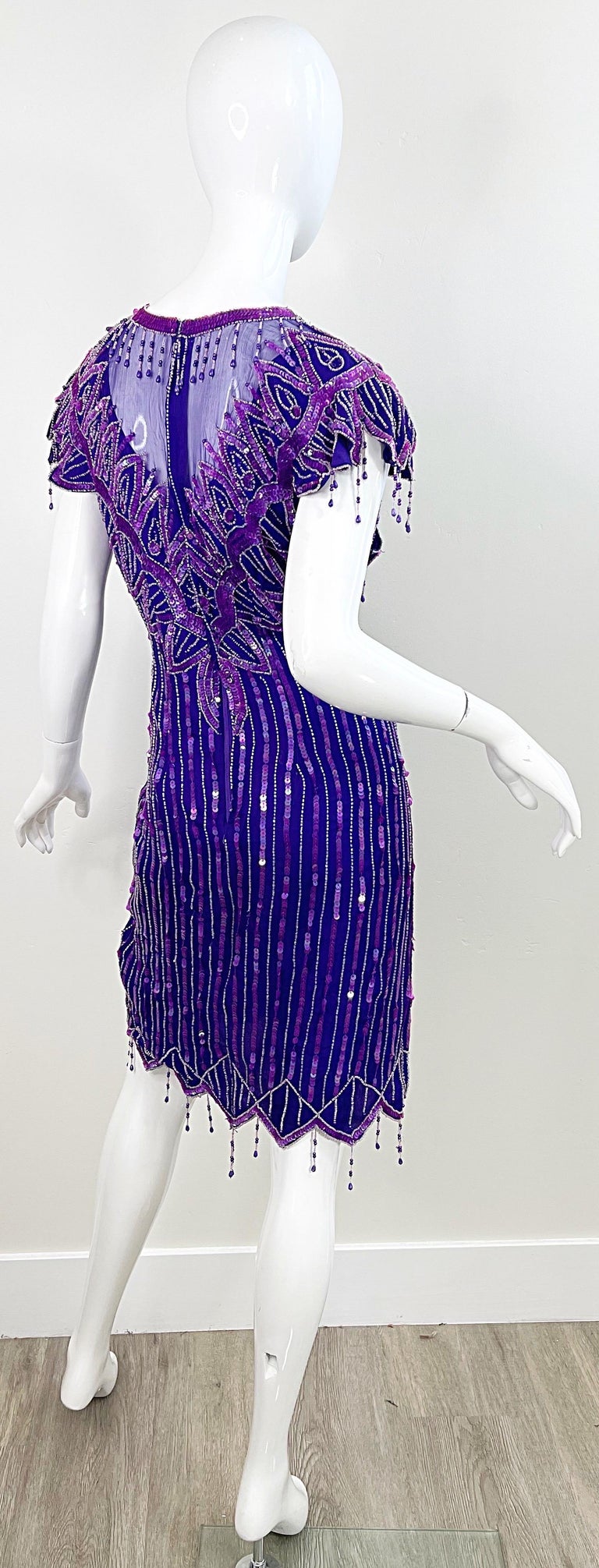 1980s Purple Silk Beaded Sequin Large Size Flapper Style Vintage 80s Dress 1980s Purple Silk Beaded Sequin Large Size Flapper Style Vintage 80s Dress