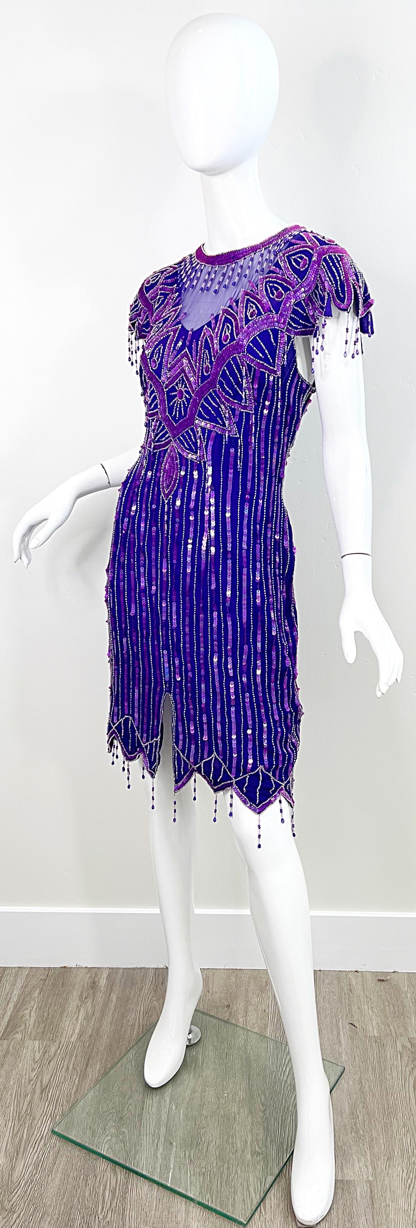 1980s Purple Silk Beaded Sequin Large Size Flapper Style Vintage 80s Dress In Excellent Condition For Sale In San Diego, CA
