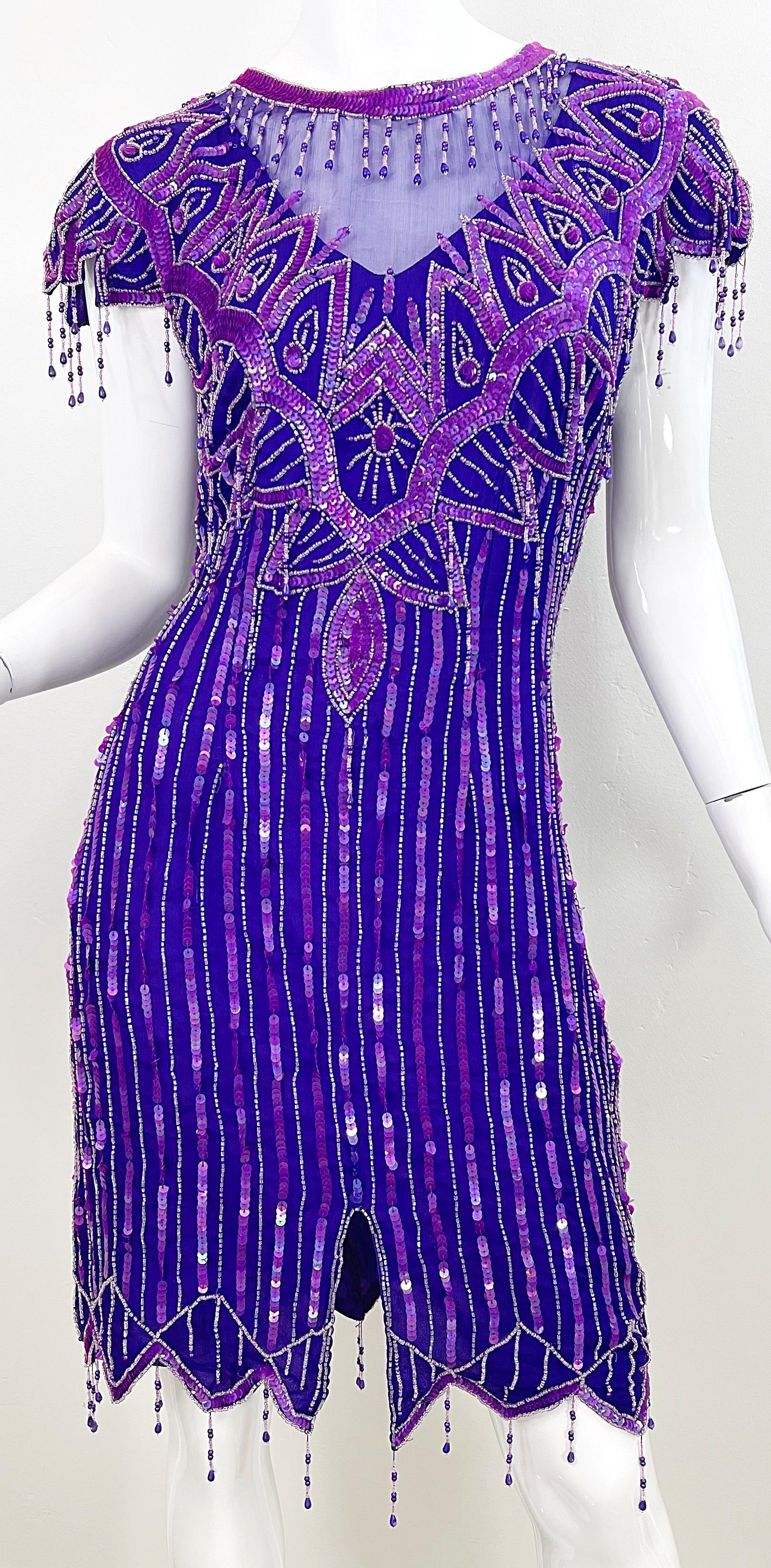 Women's 1980s Purple Silk Beaded Sequin Large Size Flapper Style Vintage 80s Dress For Sale