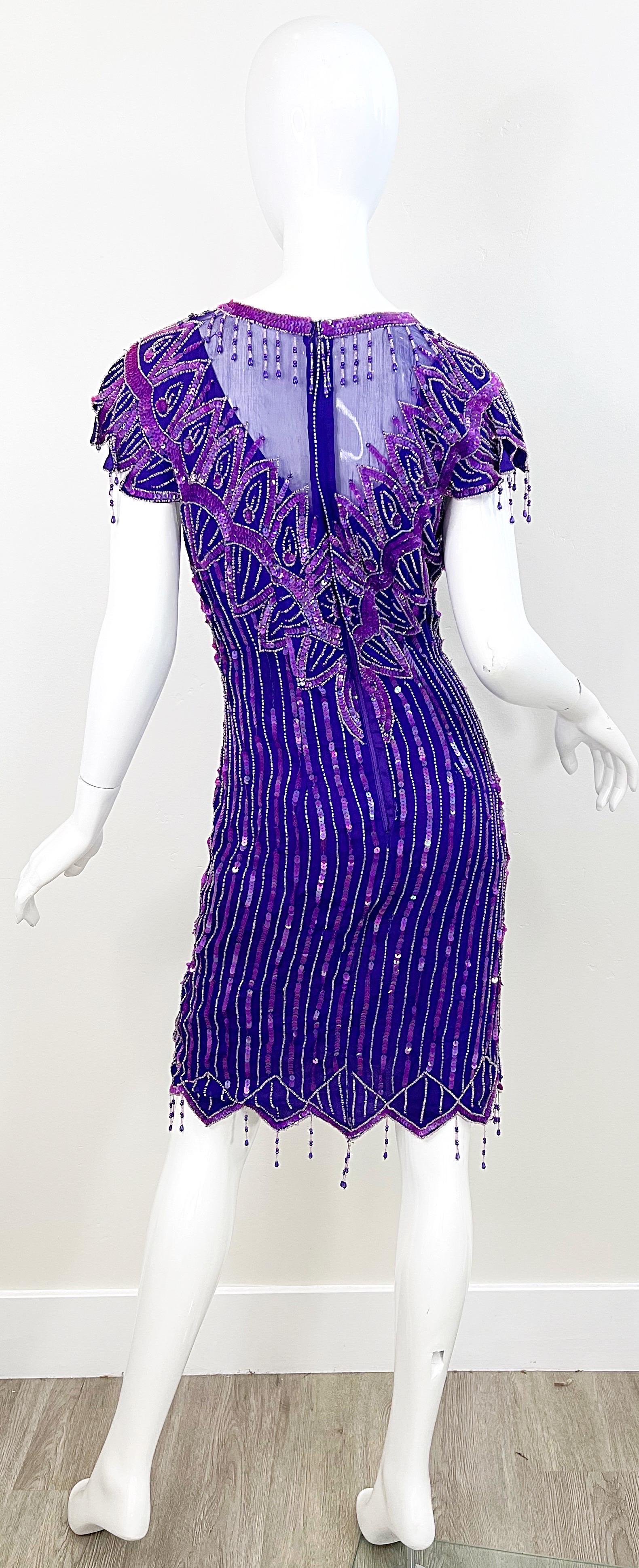 1980s Purple Silk Beaded Sequin Large Size Flapper Style Vintage 80s Dress For Sale 1