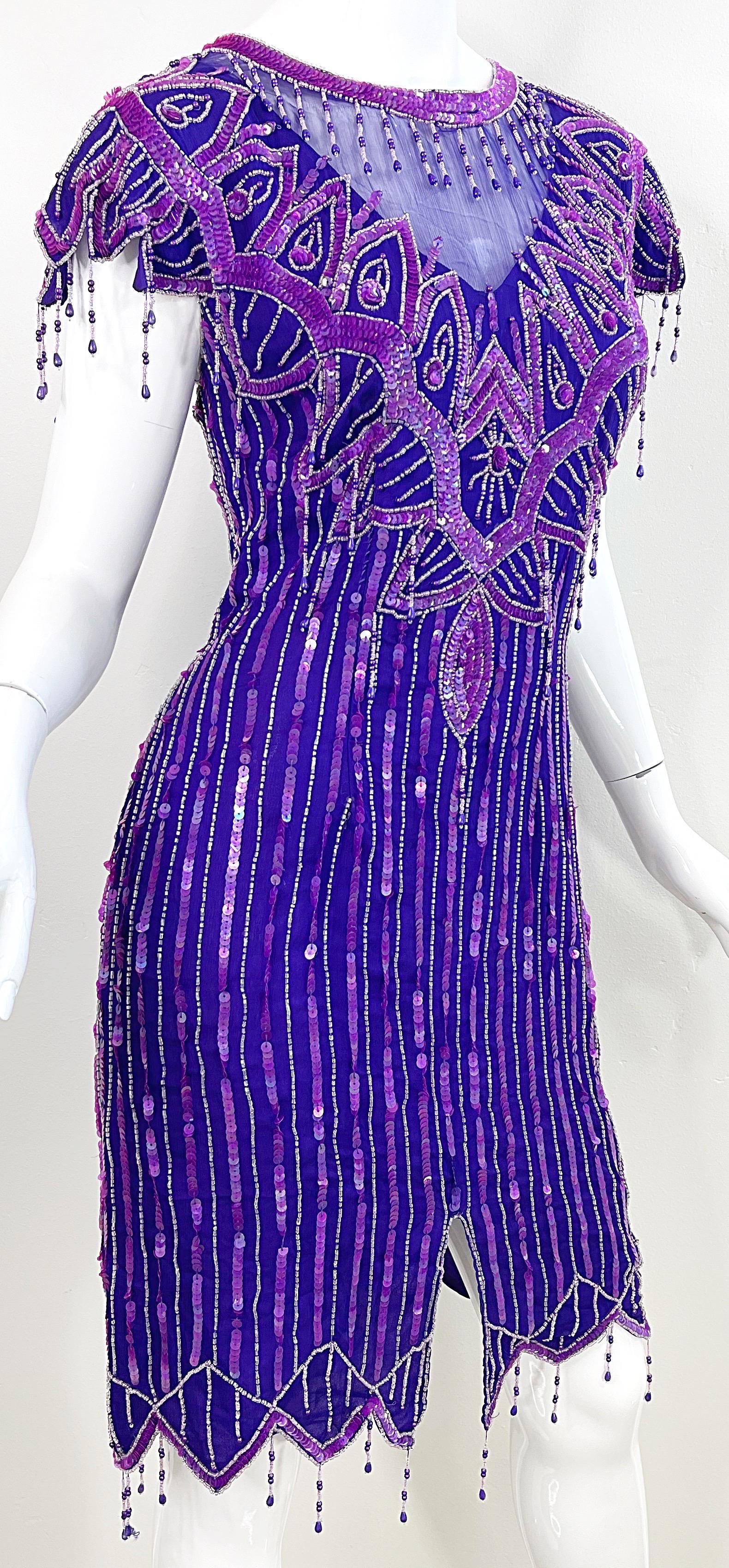 1980s Purple Silk Beaded Sequin Large Size Flapper Style Vintage 80s Dress For Sale 2