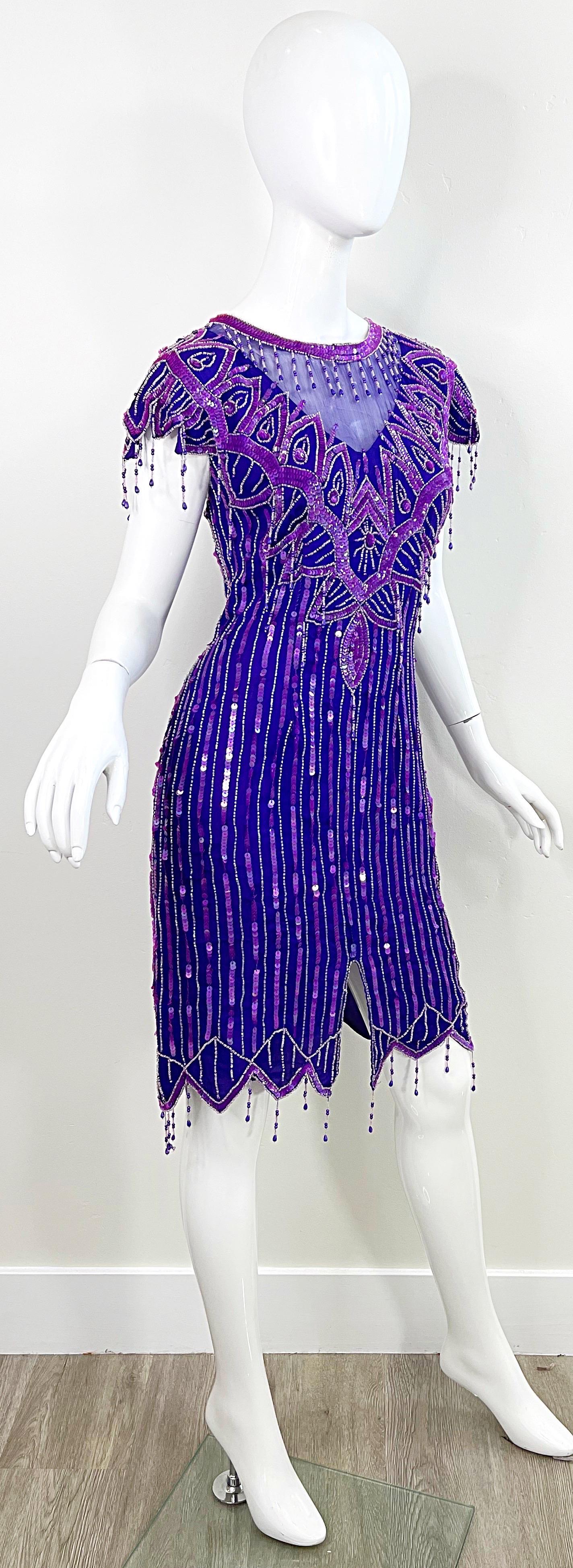 1980s Purple Silk Beaded Sequin Large Size Flapper Style Vintage 80s Dress For Sale 3