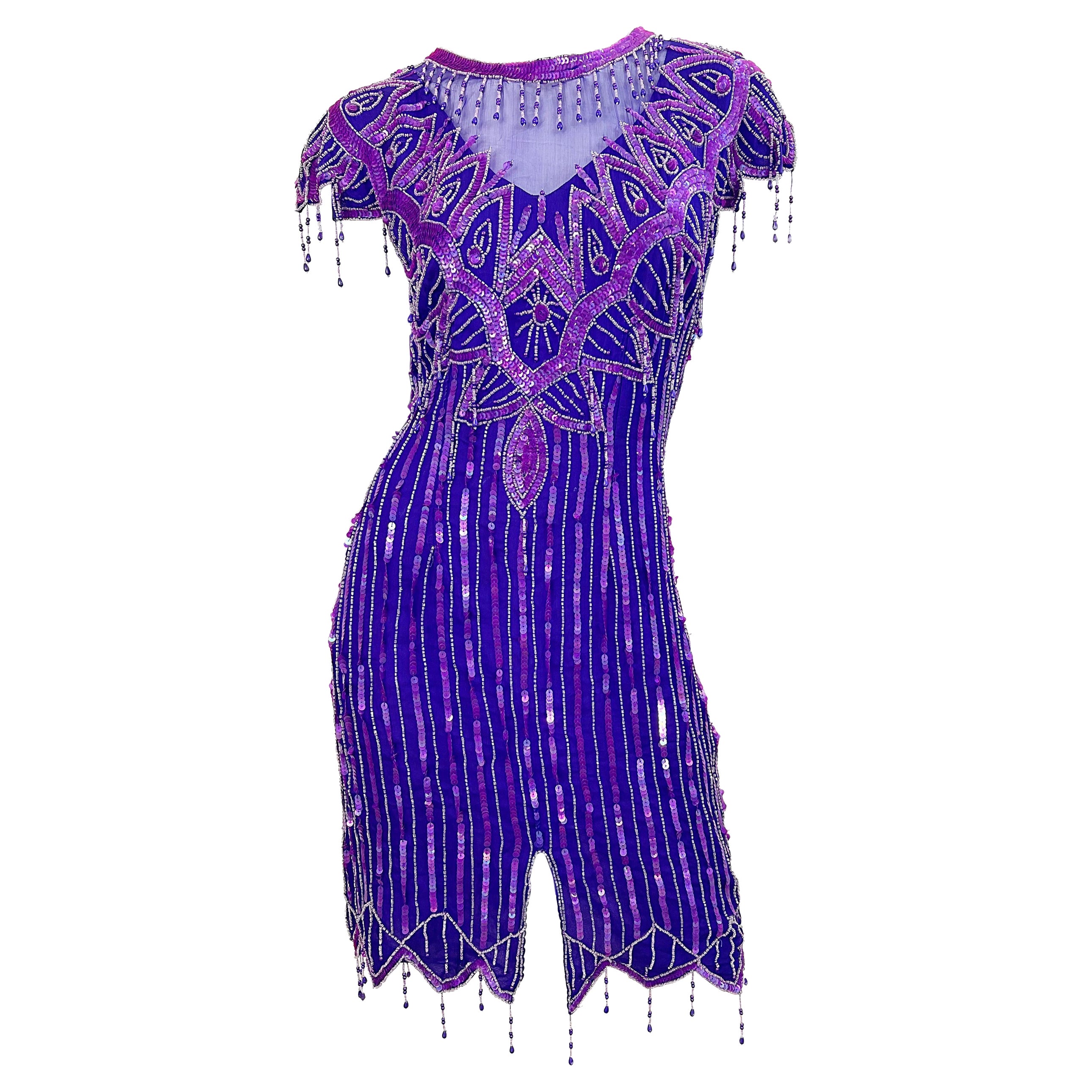 Abito anni '80 in seta viola con perline e paillettes di grandi dimensioni in stile Flapper Vintage 80s