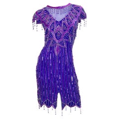 Robe à sequins en soie violette des années 1980, grande taille, style garçonne, années 80