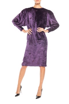1980S Purple Silk Burnout Velvet  Loose Cut & Long Sleeved Cocktail Dress