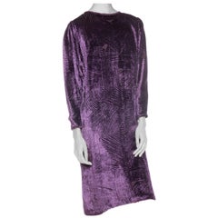 1980S Purple Silk Burnout Velvet  Loose Cut & Long Sleeved Cocktail Dress